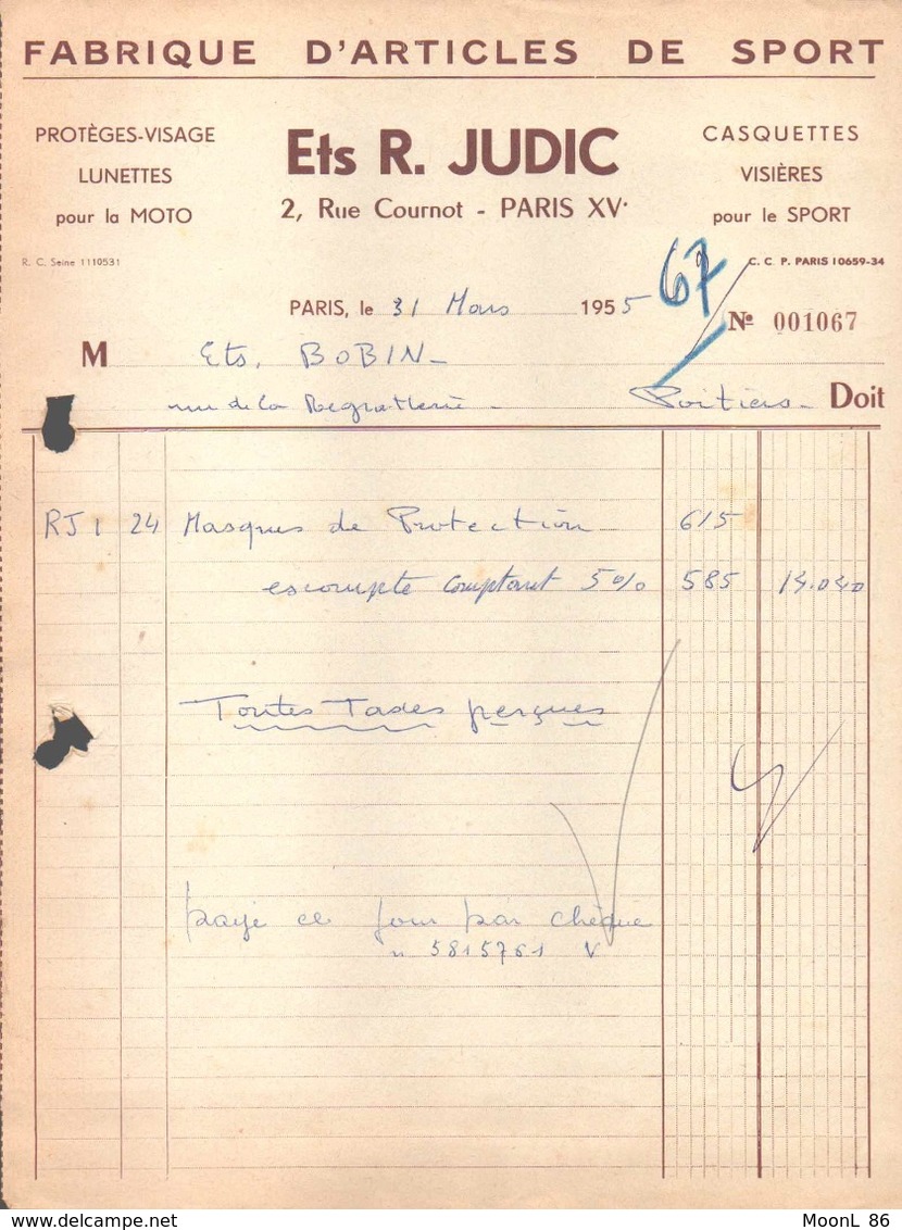 DOCUMENT ENTETE FABRIQUE ARTICLES DE SPORT - ETS R. JUDIC  2 RUE COURNOT PARIS 15° - LUNETTES POUR MOTO - Sport & Tourismus