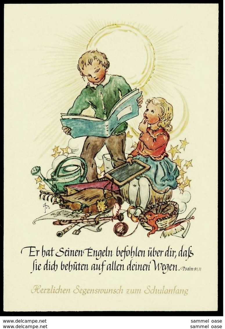 Einschulung / Schulanfang  -  Entwurf Ruthild Busch-Schumann  -  Mit Psalm-Text - Ansichtskarte Ca. 1950  (13108) - Primero Día De Escuela