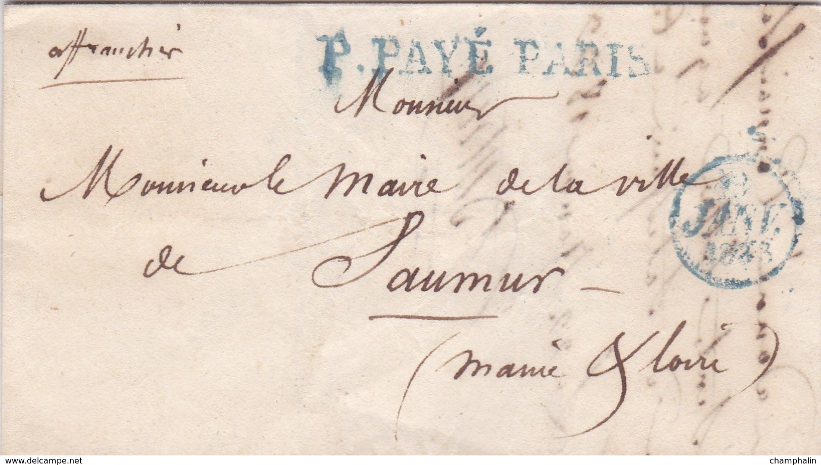 LAC De Paris (75) Pour Saumur (49) - 19 Janvier 1833 - CAD Rond Type 12 & Dateur A - Marque Linéaire P. PAYE PARIS Bleu - 1801-1848: Précurseurs XIX