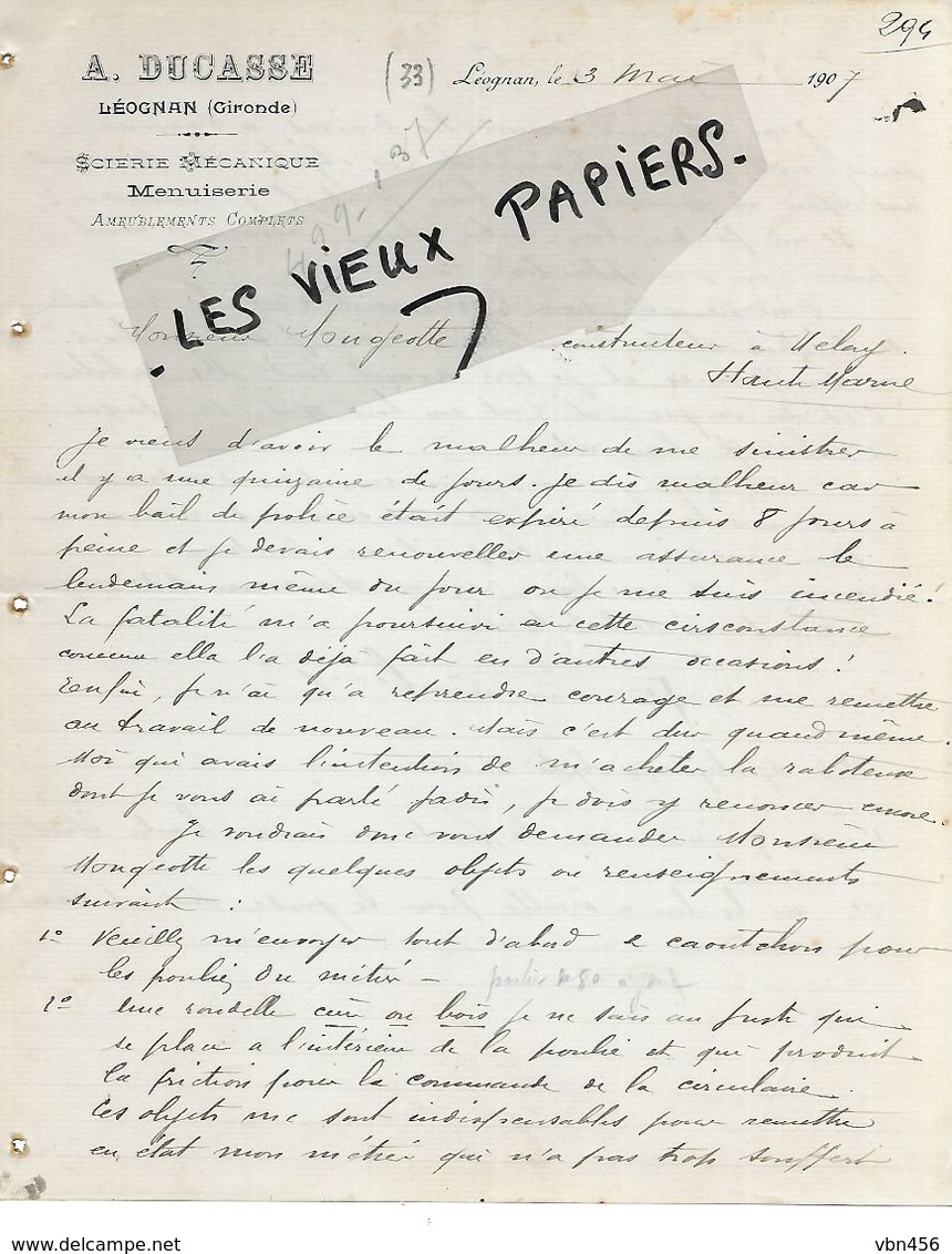 33 - Gironde - LEOGNAN - Facture DUCASSE - Menuiserie, Scierie - 1907 - REF 155A - 1900 – 1949