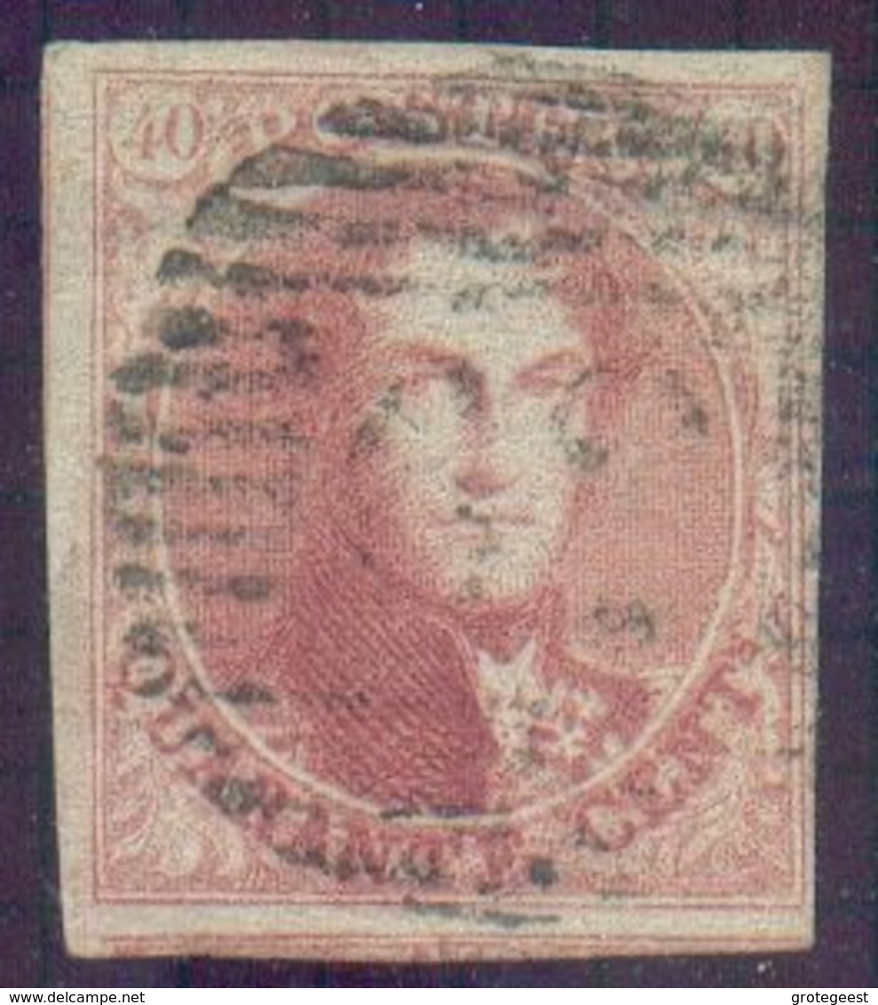 N°5 - Médaillon 40 Centimes Carmin-rose, Marges Maxima Et Obl. P.62 HUY laissant L'effigie Totalement Auréolée. Signé Br - 1849-1850 Medaglioni (3/5)