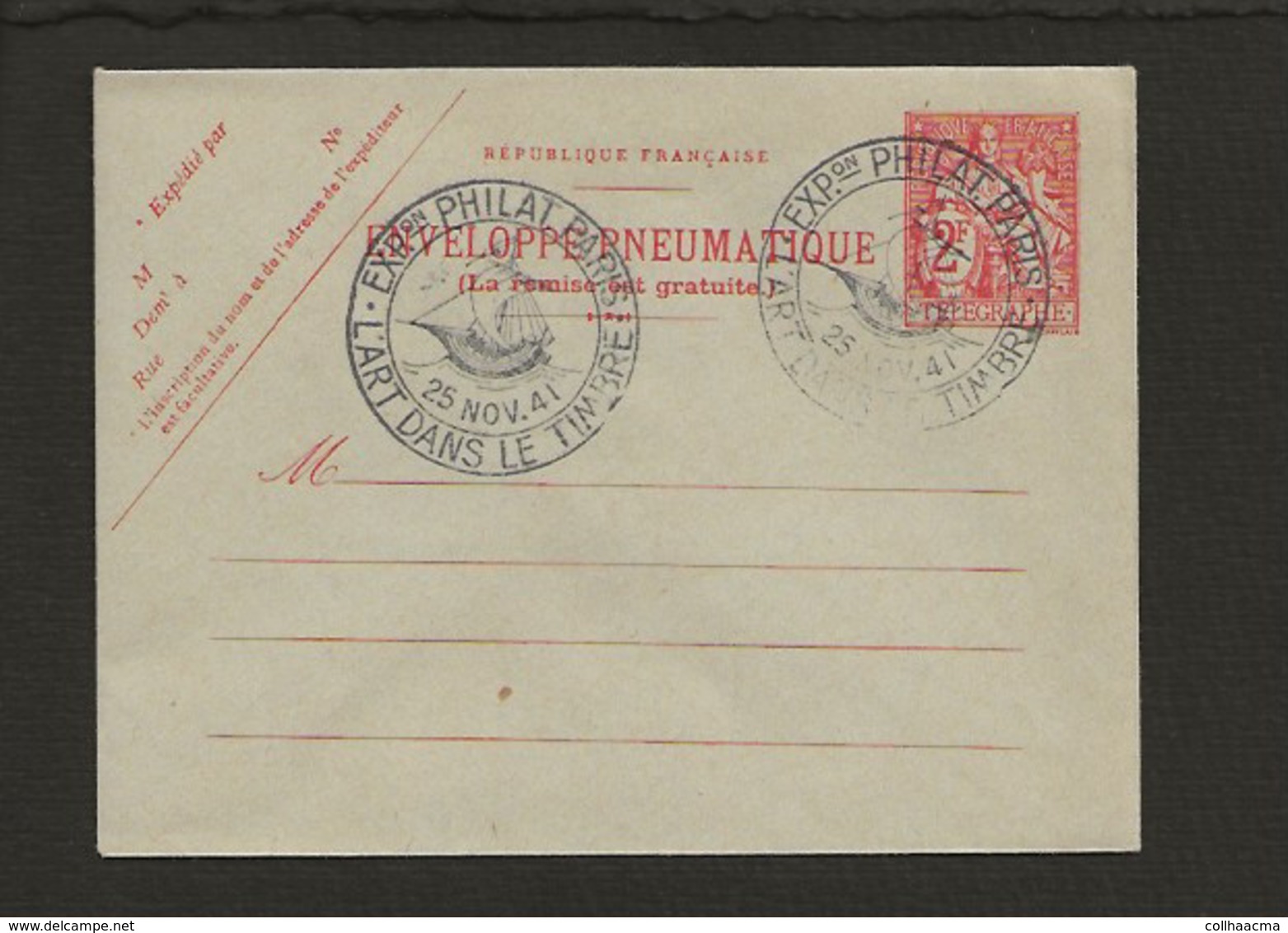 Entier Postal / CAD 25/11/1941 / Exposition Philatélique De Paris Sur Enveloppe Pneumatique Chaplain N° 2779 De 1938 - Pneumatiques