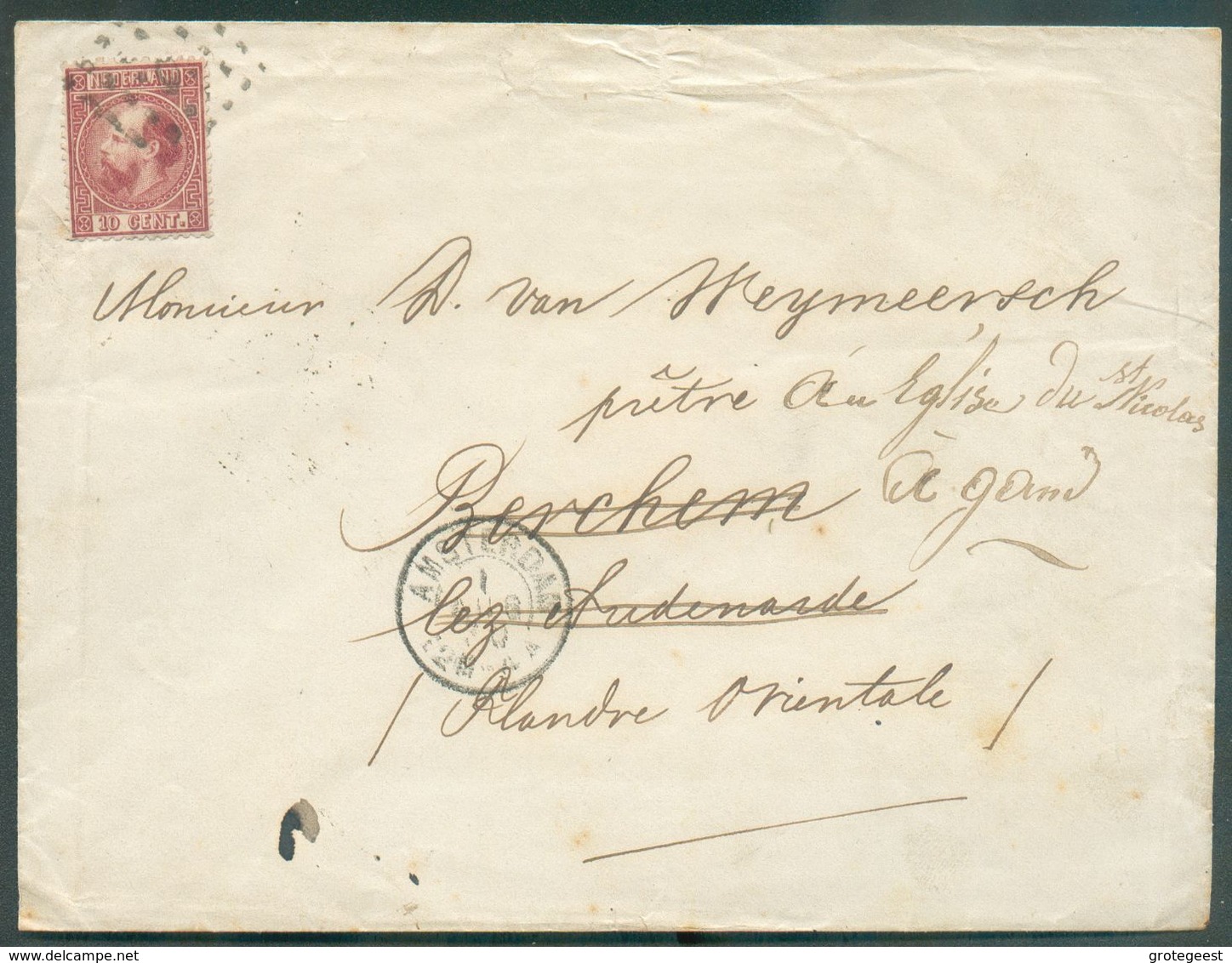 PAYS-BAS - 20c. Obl. à Points Sur Enveloppe D'AMSTERDAM Le 1 Août 1870 Vers Berchem-lez-Audenaerde (biffé) Et Renvoi Ver - Ufficio Di Transito