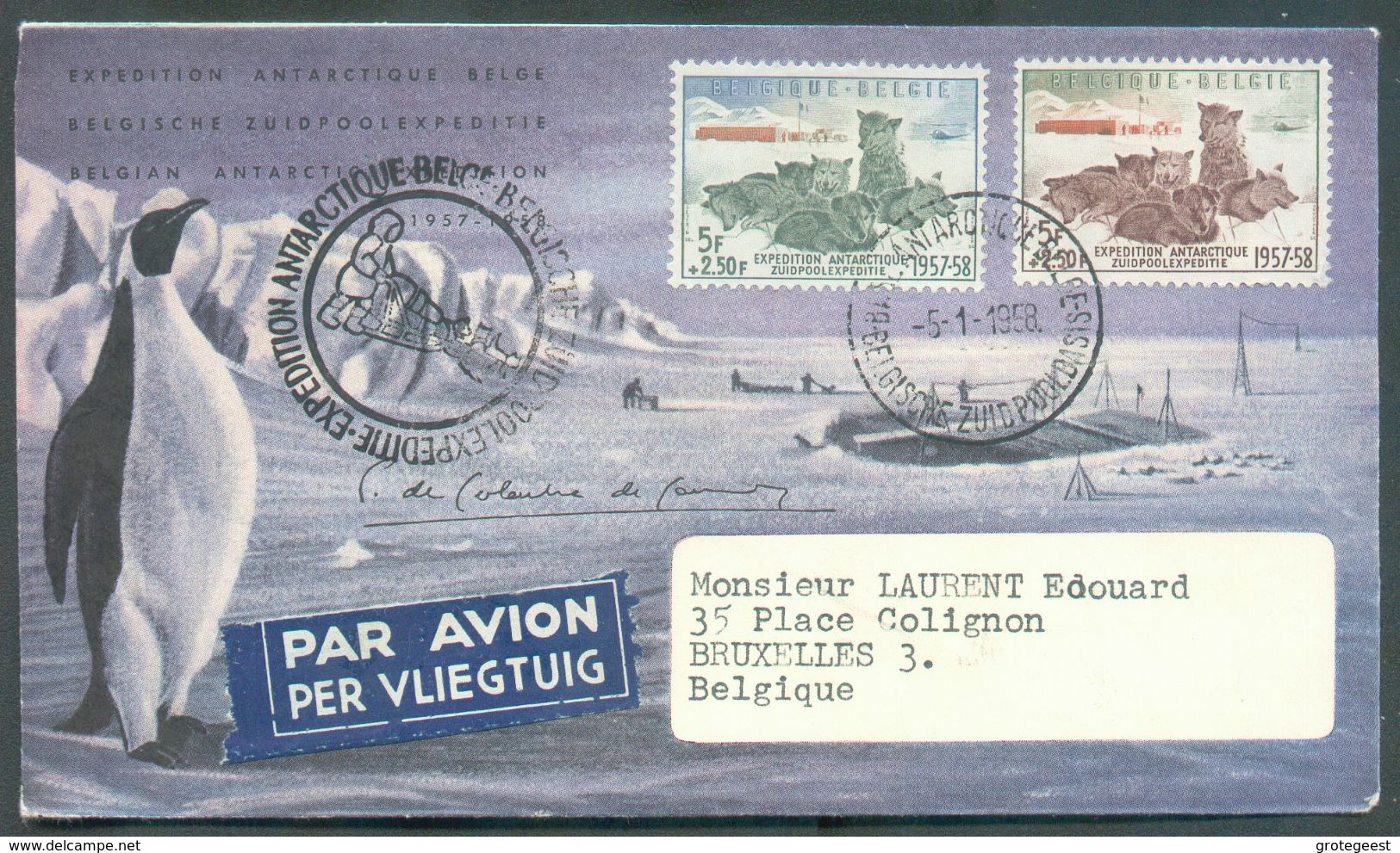 BELGIUM Expédition Antarctique Belge CHINES De TRAINEAUX (DOG) Obl; Sc BASE ANTARCTIQUE BELGE Sur Lettre Du 5-1-1958 (il - Spedizioni Antartiche
