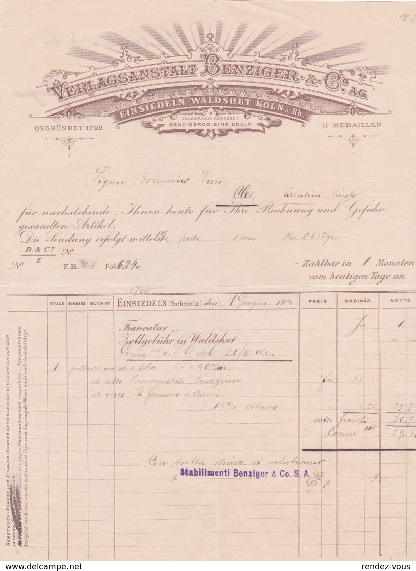 Fattura Comm. -  Anno   1904  -  Einsiedeln  ,  Pitture Su Tela " Verlagsanstalt  Benziger  &  C°.ag " - Switzerland