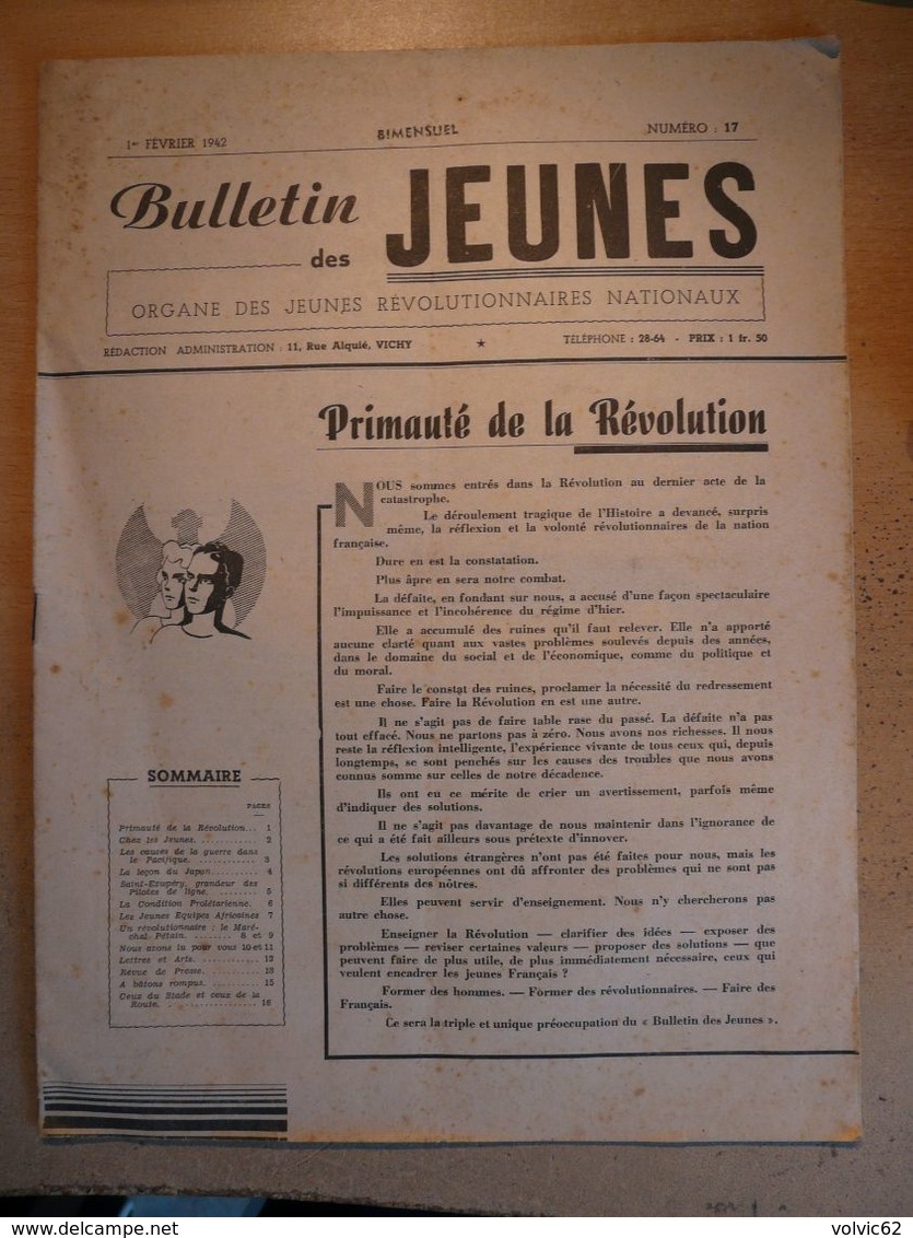 Bulletin Des Jeunes 1 Février 1942 Organe Des Jeunes Révolutionnaires Nationaux Japon Saint Exupéry Petain - Other & Unclassified