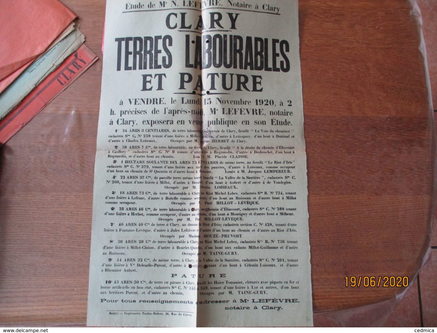 CLARY LE 15 NOVEMBRE 1920 TERRES LABOURABLES ET PATURE A VENDRE Me LEFEVRE NOTAIRE A CLARY 50cm/31cm - Plakate