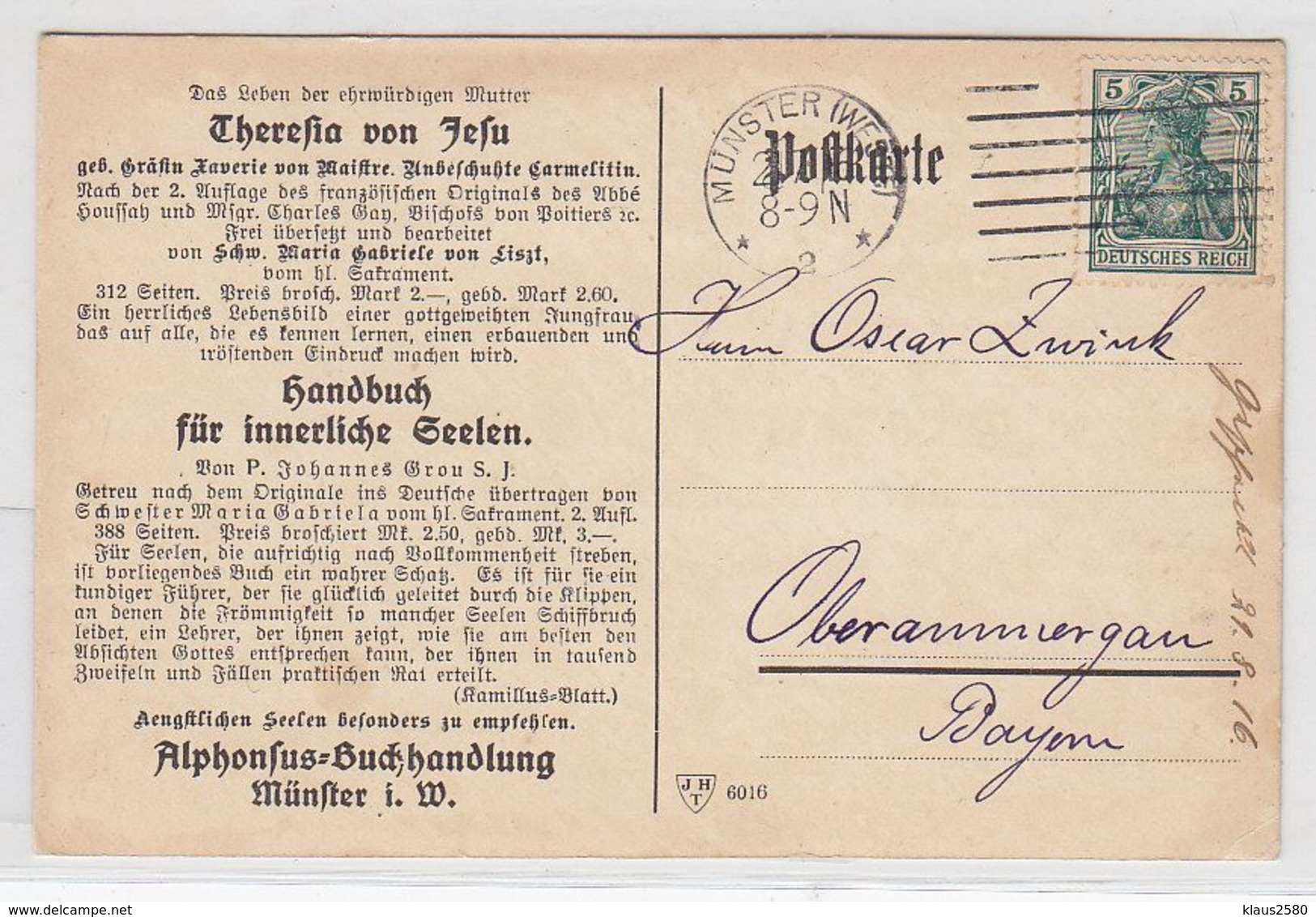 Deutsches Reich Postkarte Der Alphonsus-Buchhandlung Münster - Storia Postale