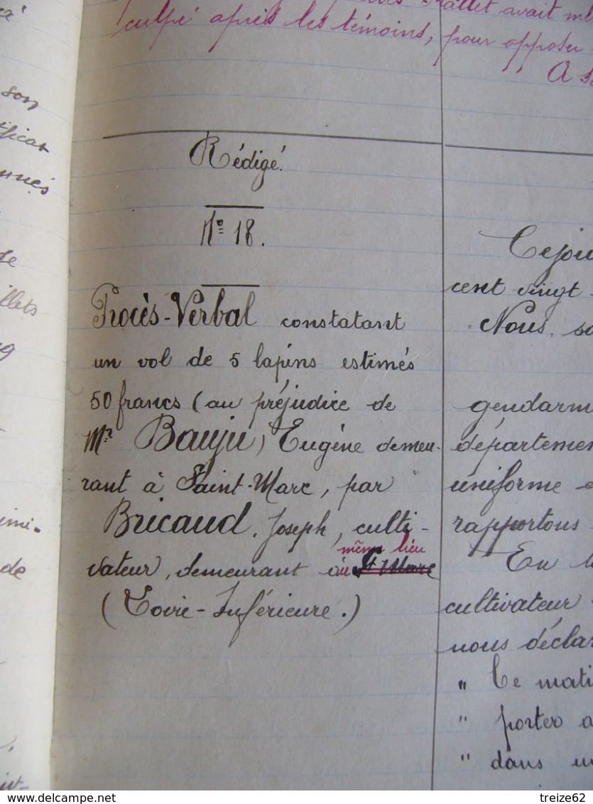 GENDARMERIE NATIONALE Cahier d' Instruction 1925 Saint-Nazaire Proces-verbaux meurtre infanticide vol Pornichet évasion