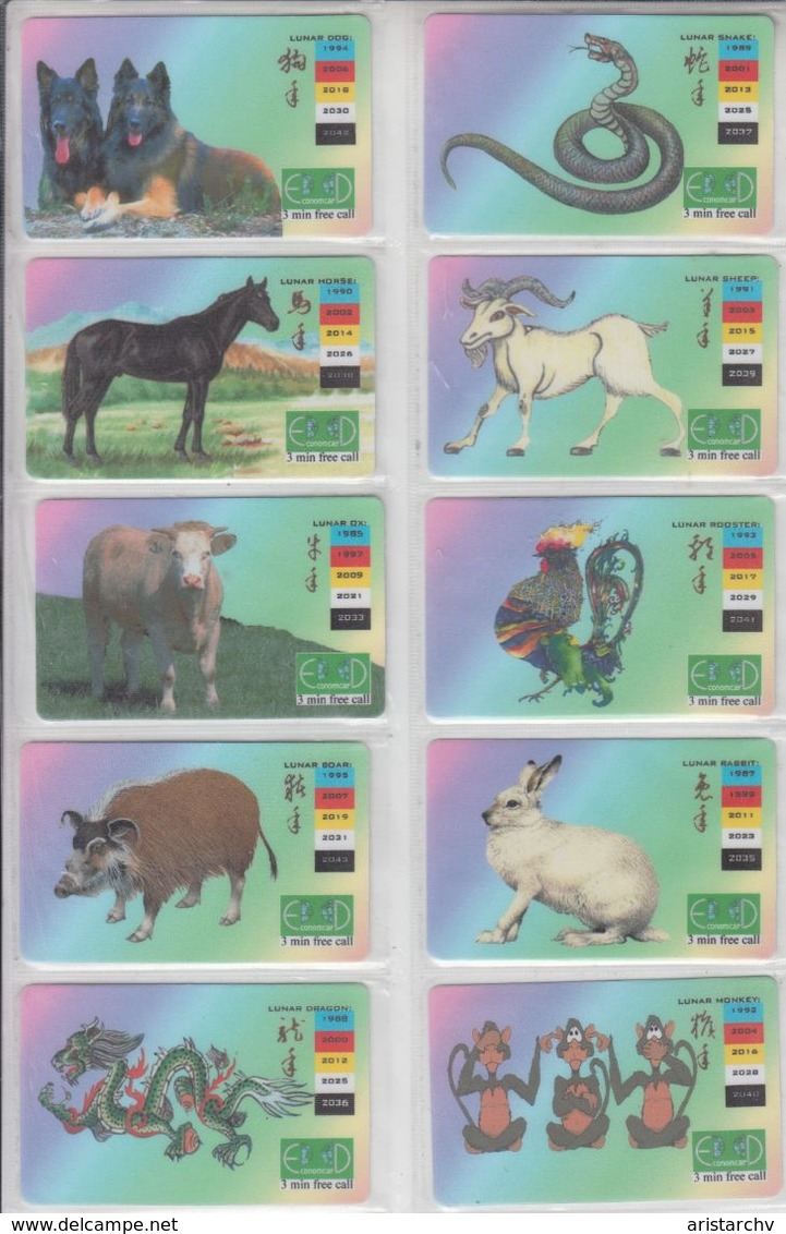 ZODIAC HOROSCOPE LUNAR CALENDAR MONKEY DOG PIG ROOSTER TIGER RAT DRAGON RABBIT OX SHEEP HORSE SNAKE SET 12 PHONE CARDS - Zodiaque