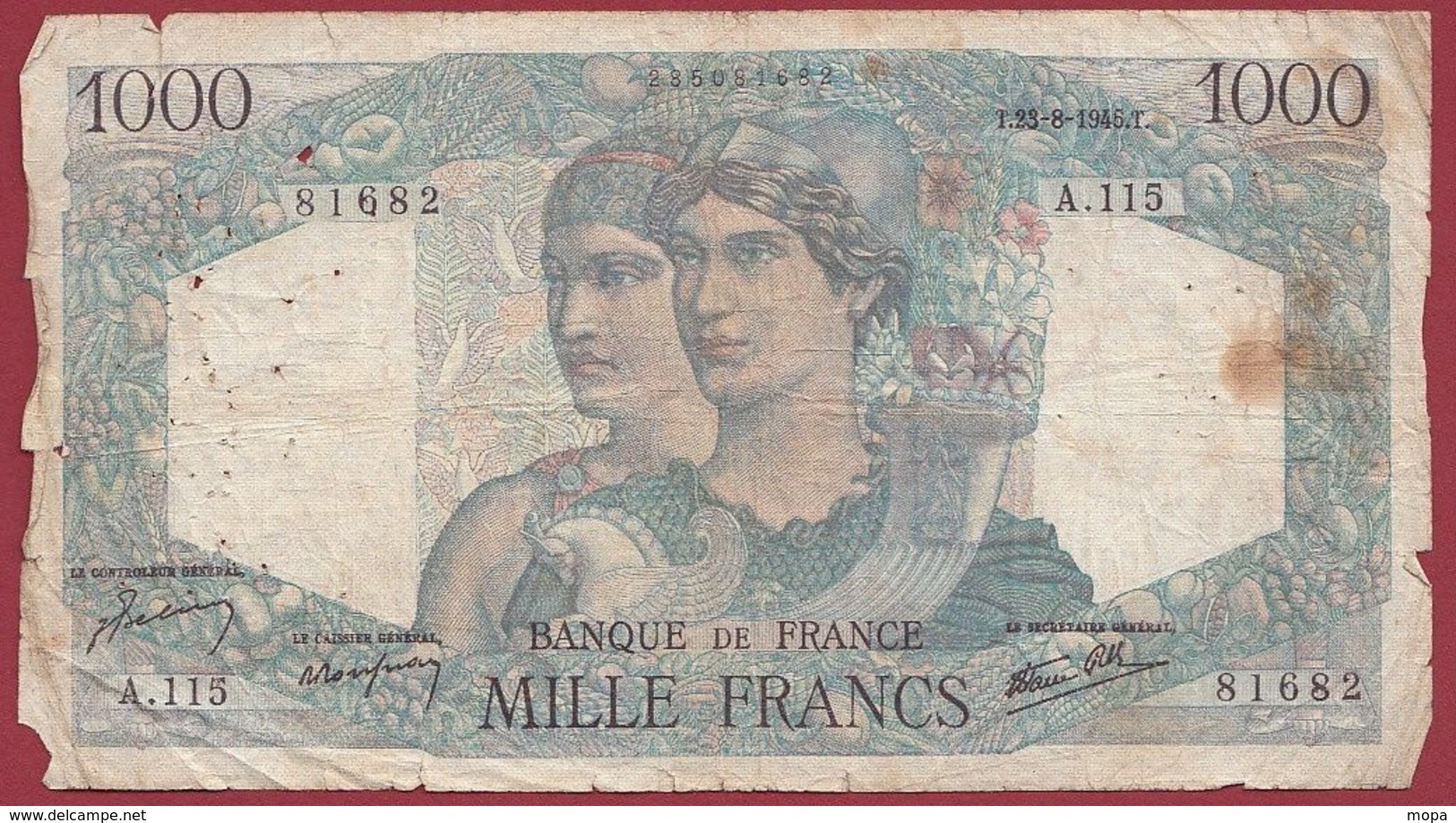 1000 Francs "Minerve  Et Hercule " Du 23/08/1945.T ----ALPHA .A.115... Dans L 'état Voir Scan - 1 000 F 1945-1950 ''Minerve Et Hercule''