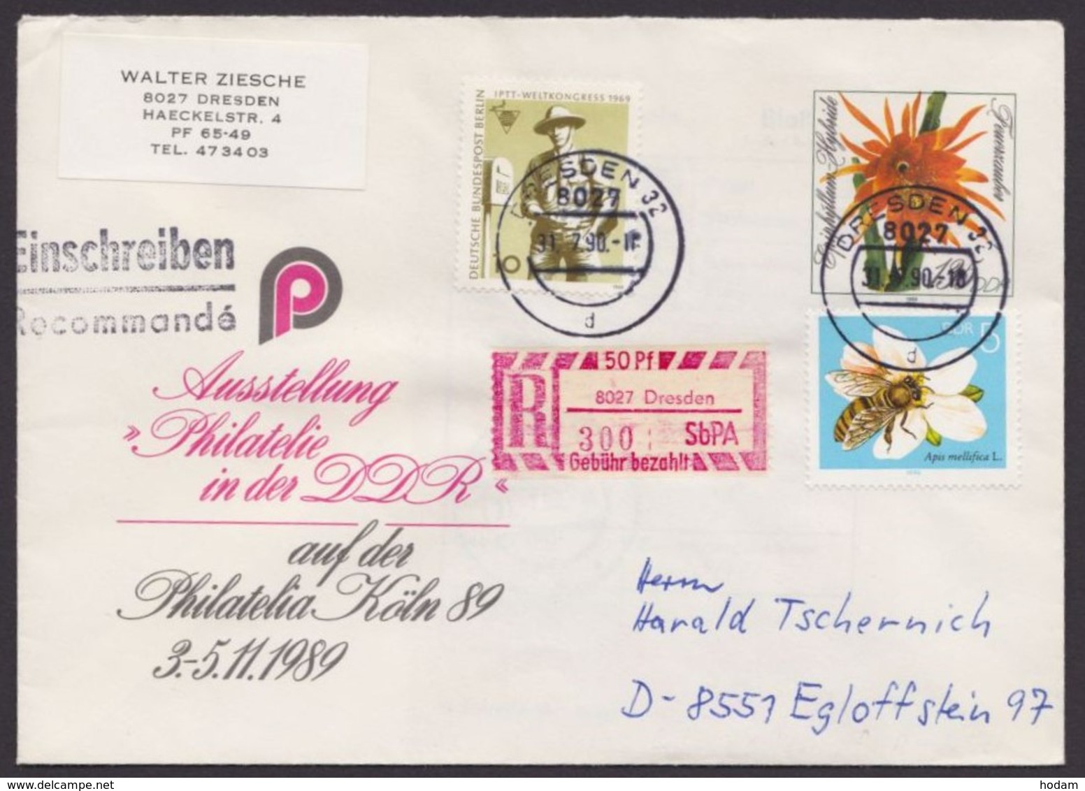 Mi-Nr. U10, R- Brief Mit Pass. Zusatzfrt. Und SbPA-R- Zettel "Dresden", 31,7,90, Letzttag Für R- Zettel! - Enveloppes - Oblitérées