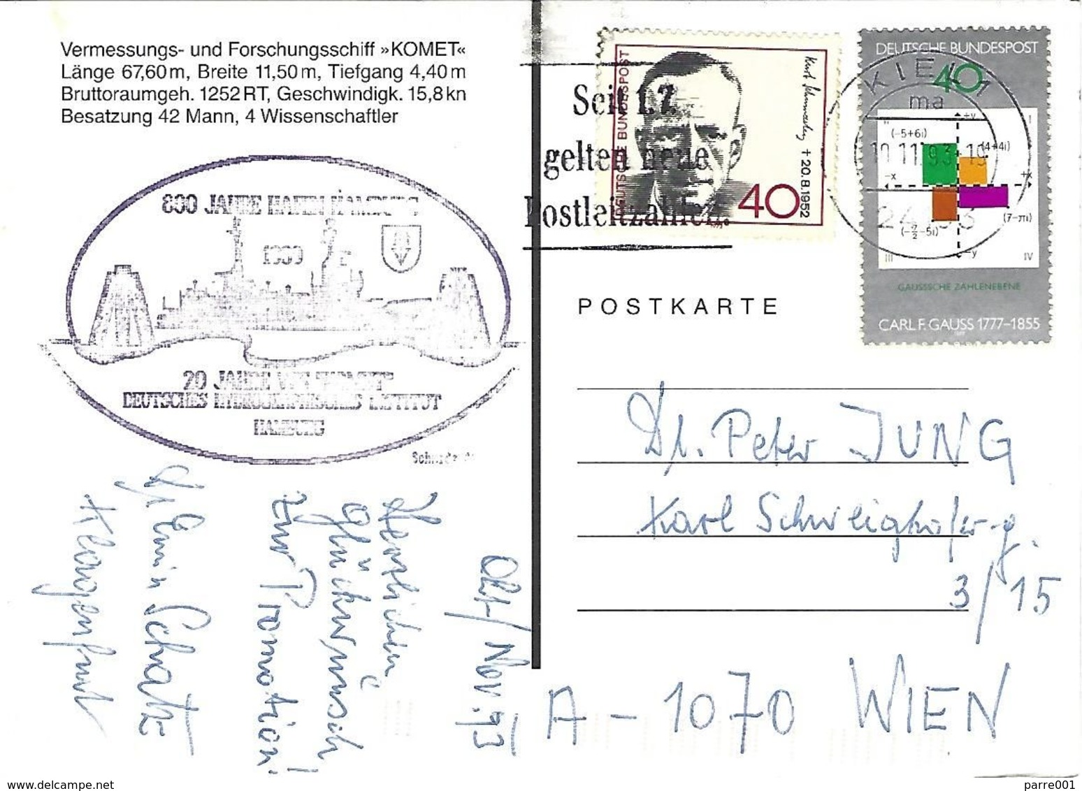 Deutschland Germany 1993 Kiel Komet Vermessungsschiff Des Bundesamtes Für Seeschifffahrt Und Hydrographie Viewcard - Clima & Meteorología