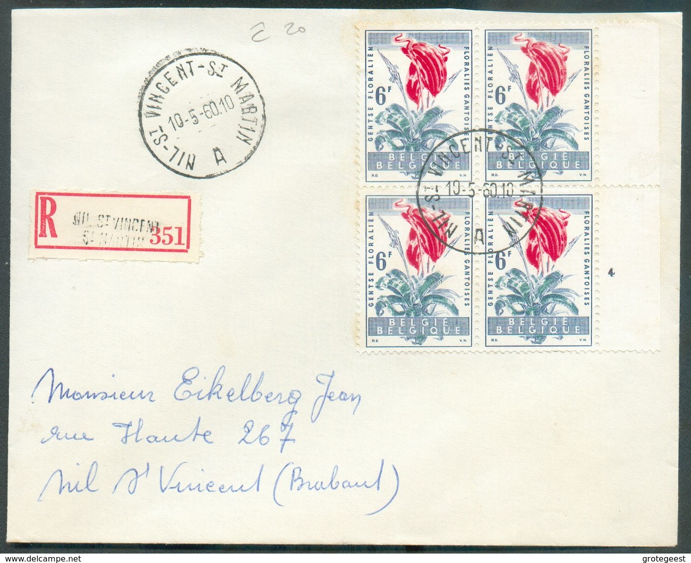 6Fr. FLORALIES GANTOISES (bloc De 4 Ave  N° De Planche 4) N°1124(4) Sur Lettre Recommandée De NIL-SAINT-VINCENT-SAINT-MA - ....-1960