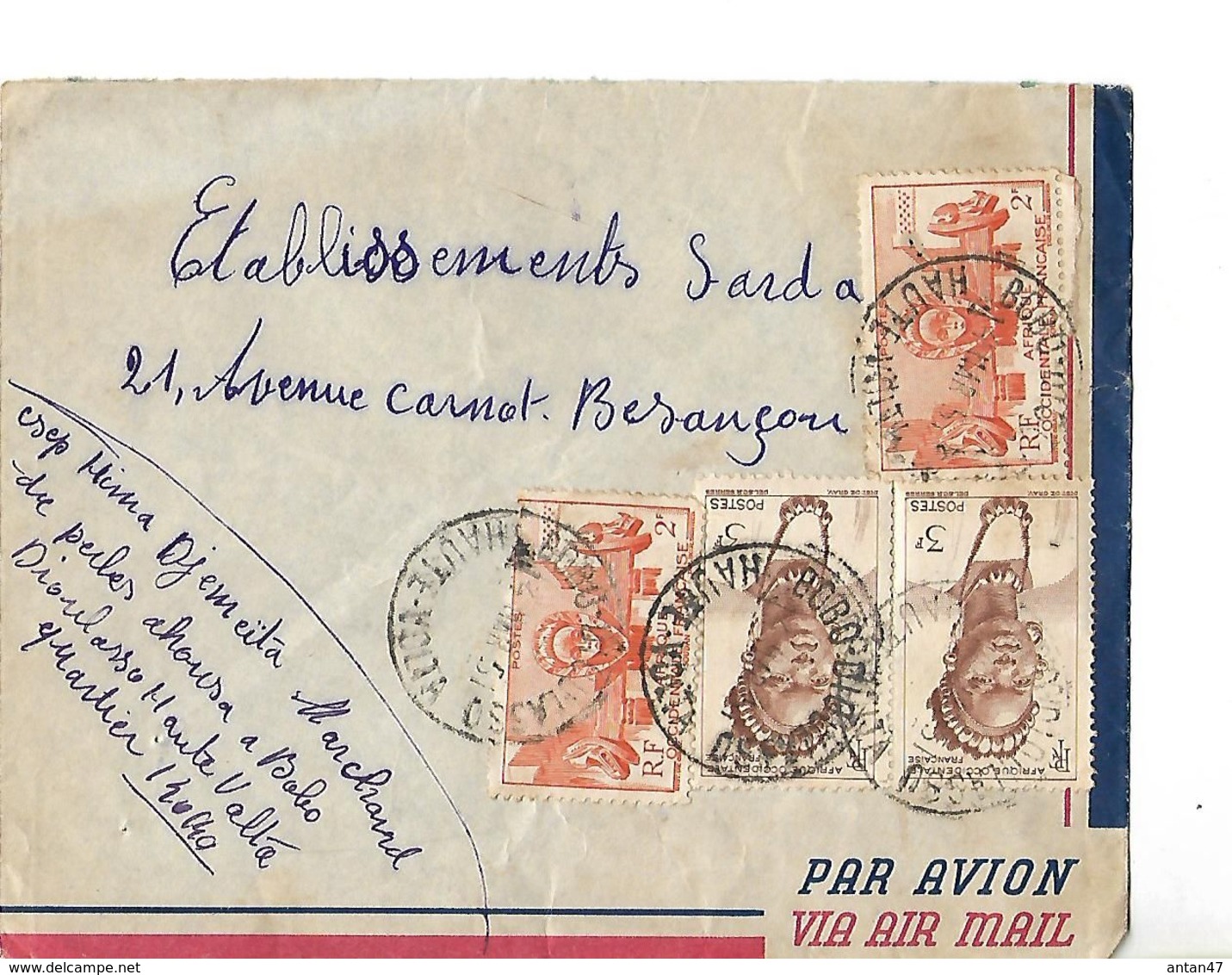 Enveloppe Par Avion 1951 / Afrique Equatoriale Française HAUTE VOLTA Bobo Dioulasso Pour Sarda BESANCON - Oblitérés