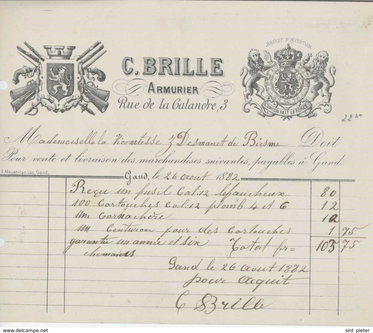 Factuur Brille C., Armurier, Gent, 1882 - Otros & Sin Clasificación