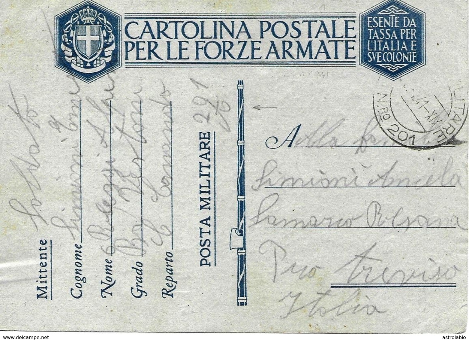 P.M. 201 Sur Carte De Franchise Militaire Italienne FM 1941 Vers Treviso - Poste Militaire (PM)