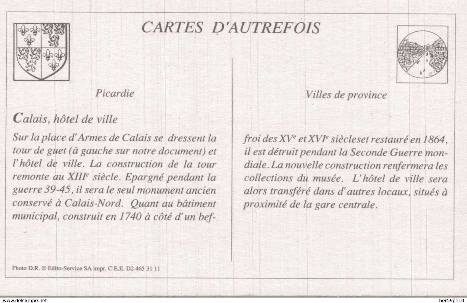 CARTE D'AUTREFOIS VILLES DE PROVINCE  PICARDIE  CALAIS HOTEL DE VILLE - Picardie