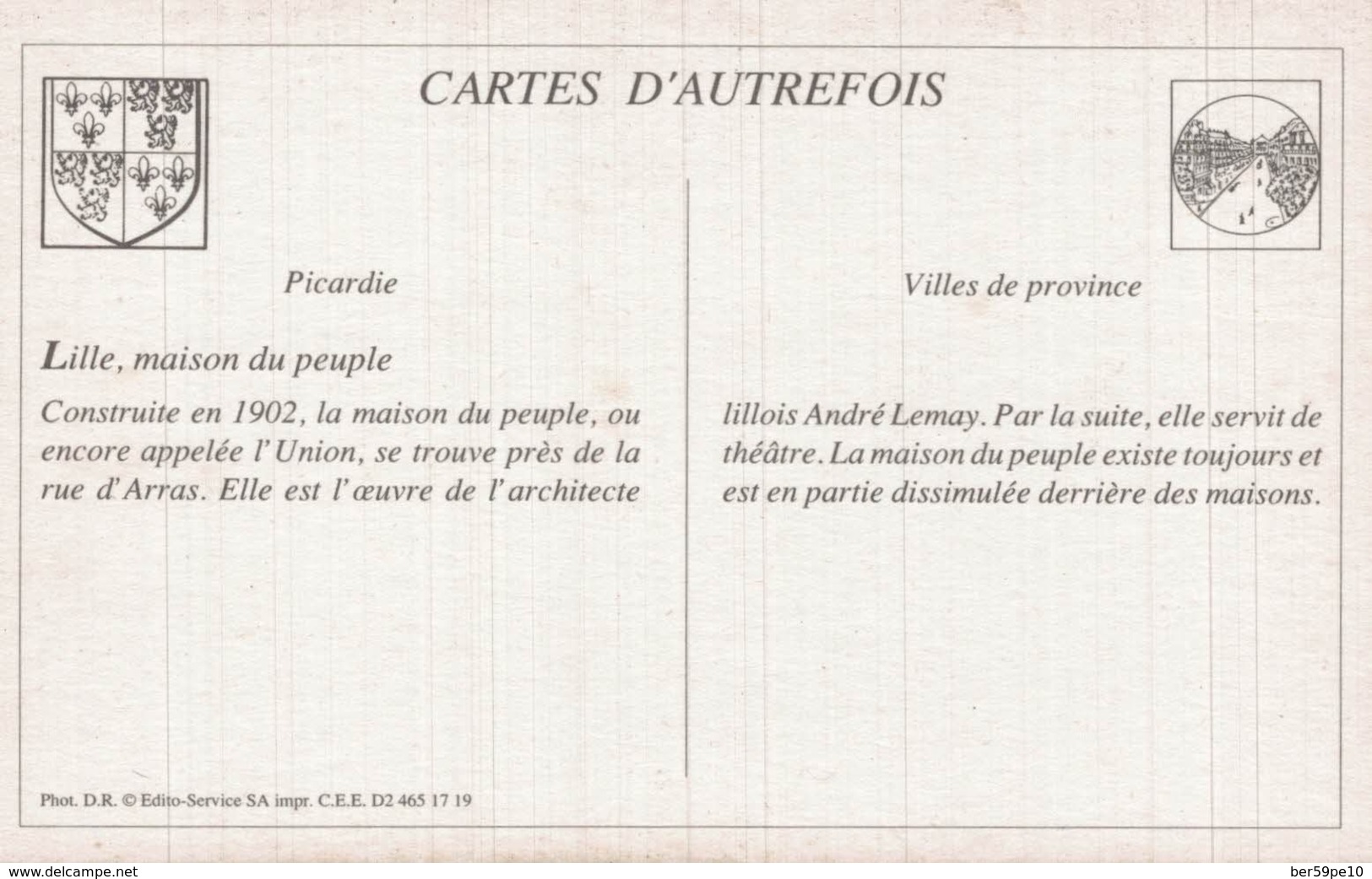 CARTE D'AUTREFOIS VILLES DE PROVINCE PICARDIE LILLE MAISON DU PEUPLE - Picardie