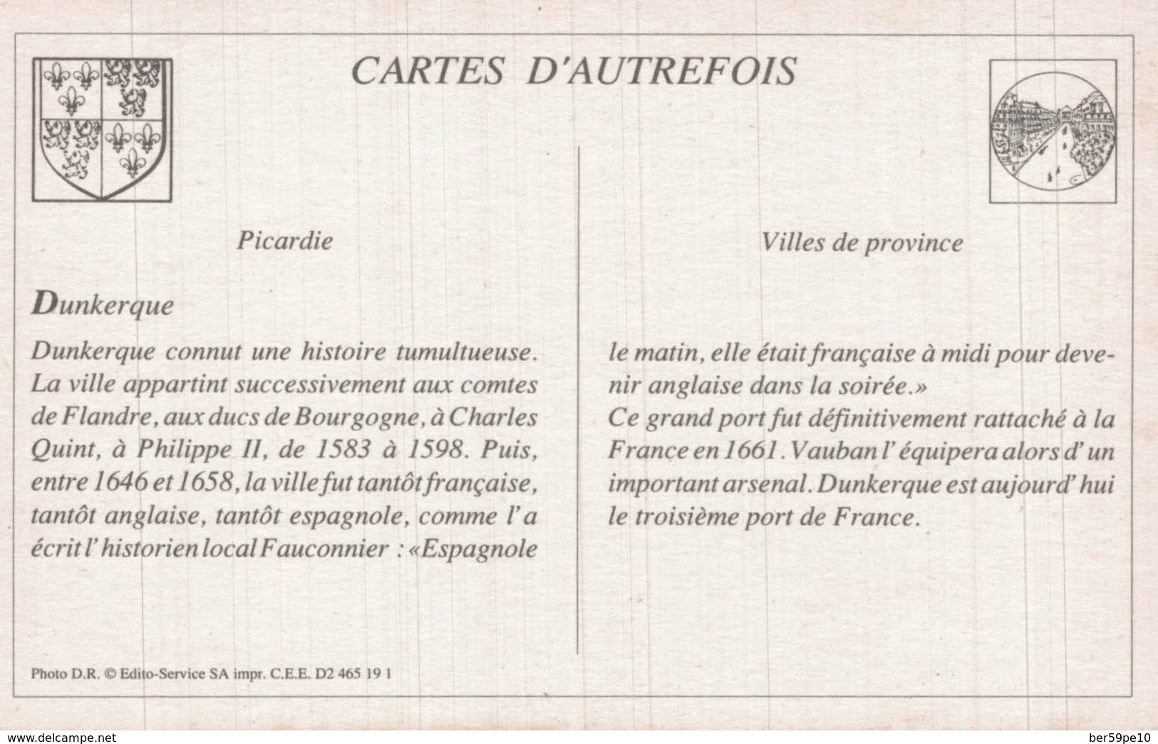 CARTE D'AUTREFOIS VILLES DE PROVINCE PICARDIE  DUNKERQUE - Picardie