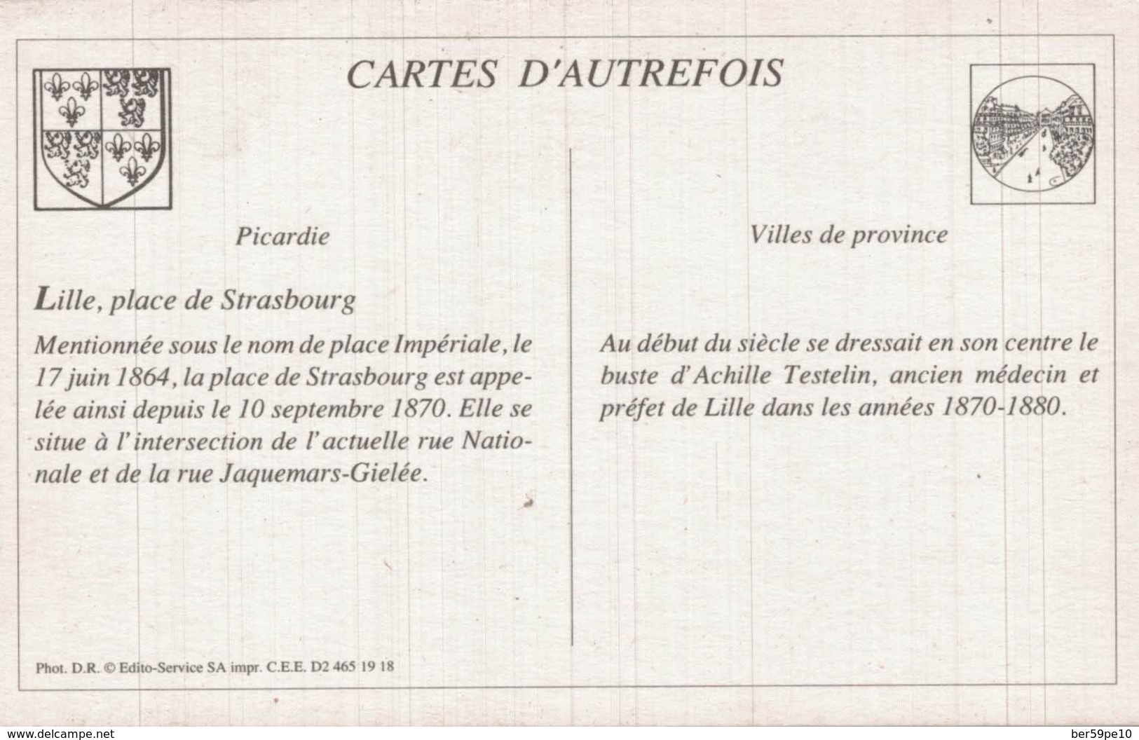 CARTE D'AUTREFOIS VILLES DE PROVINCE  PICARDIE  LILLE PLACE DE STRASBOURG - Picardie