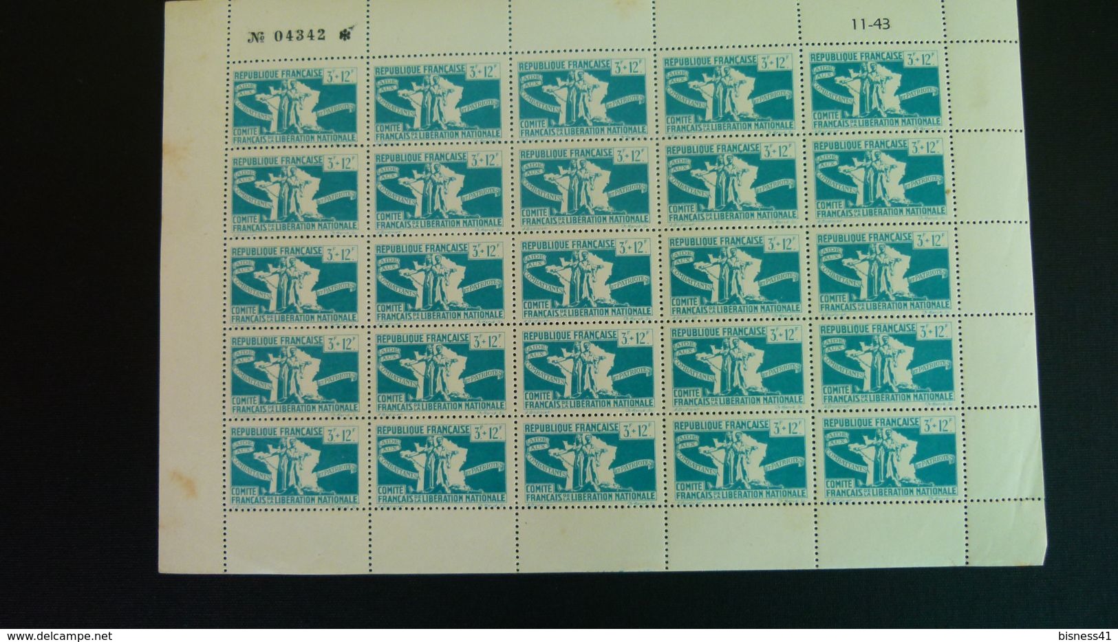 Col17 Aide Aux Combattants 1943 Feuille : N° 60 à 64 Neuf XX MNH - Andere & Zonder Classificatie