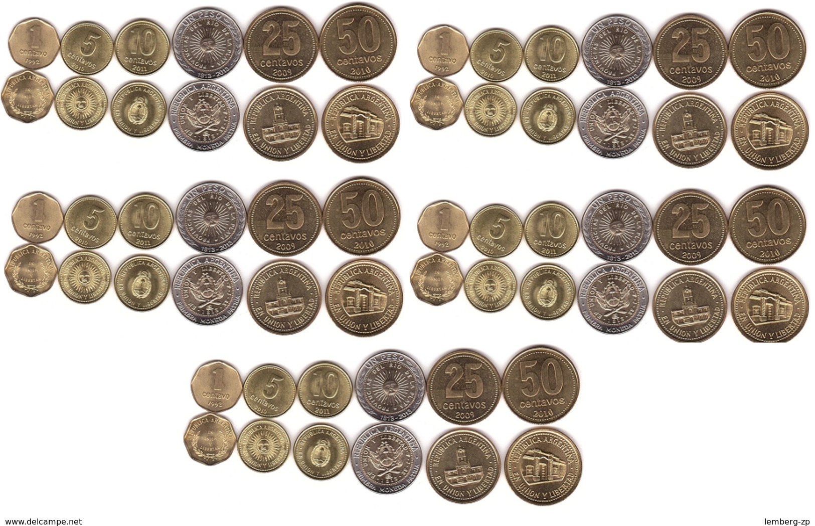 Argentina - 5 Pcs X Set 6 Coins 1 5 10 25 50 Centavos 1 Peso 1992 - 2011 UNC Lemberg-Zp - Argentina