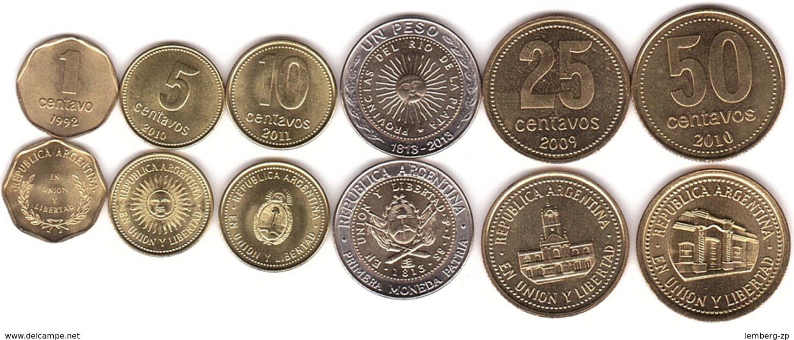 Argentina - 5 Pcs X Set 6 Coins 1 5 10 25 50 Centavos 1 Peso 1992 - 2011 UNC Lemberg-Zp - Argentina