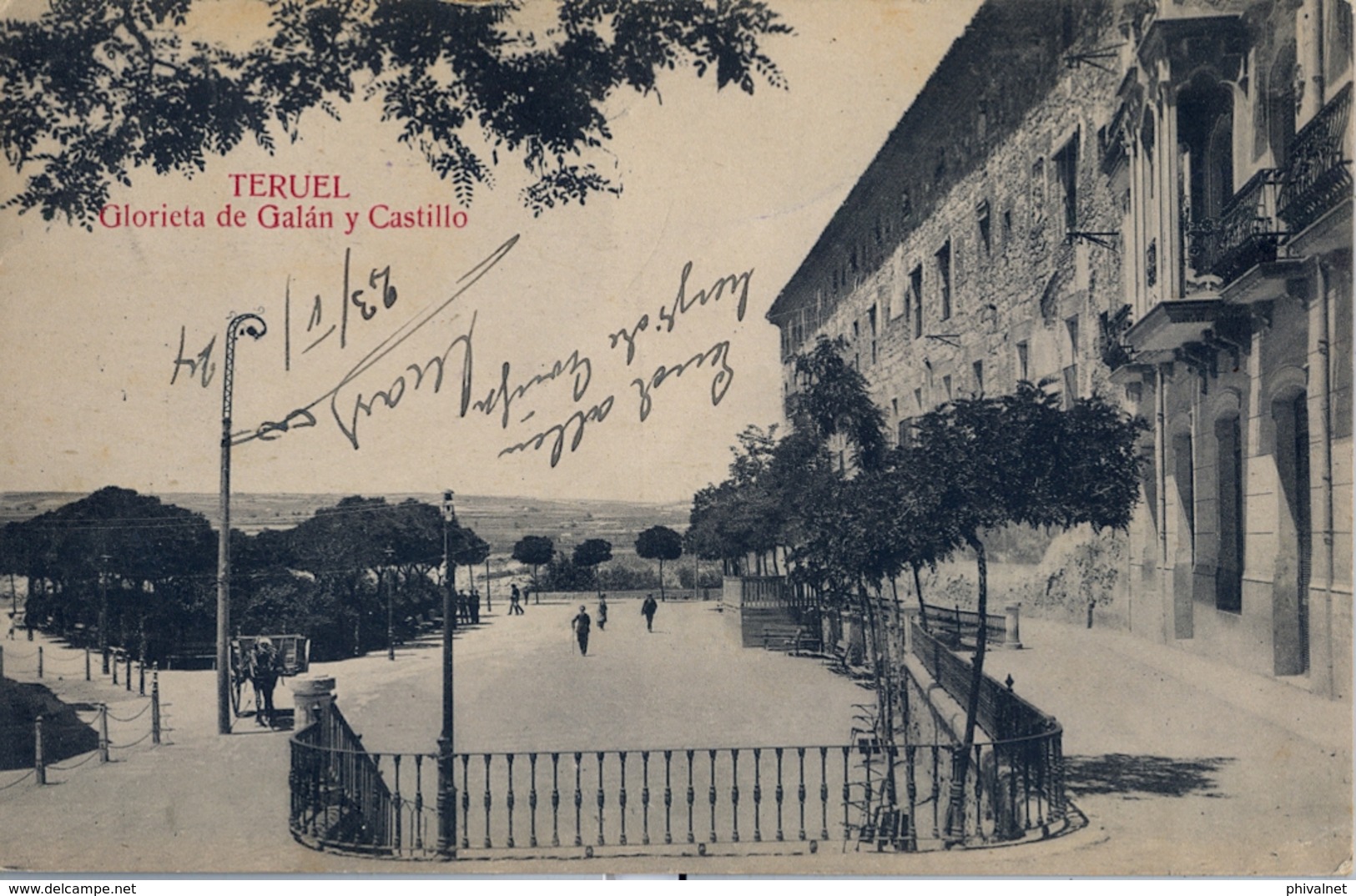 1924 , TERUEL , T.P. CIRCULADA ,  GLORIETA DE GALÁN Y CASTILLO - Teruel