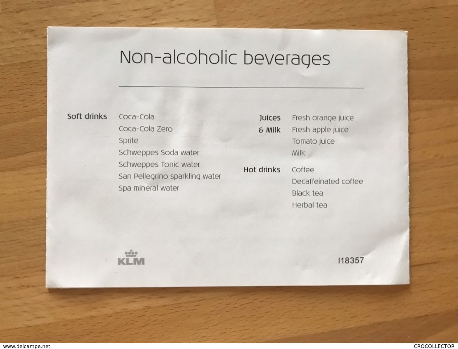 KLM MENU I18357 - 21/11/2018 AMS-LHR - Menu Cards