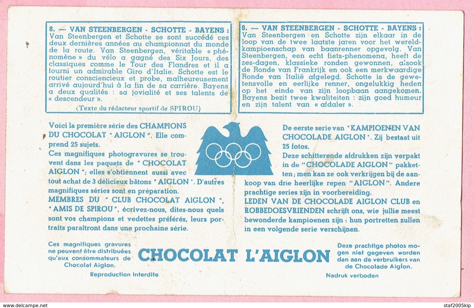 CHOCOLAT L'AIGLON - VAN STEENBERGEN - SCHOTTE - BAYENS - Wielrenners - Aiglon