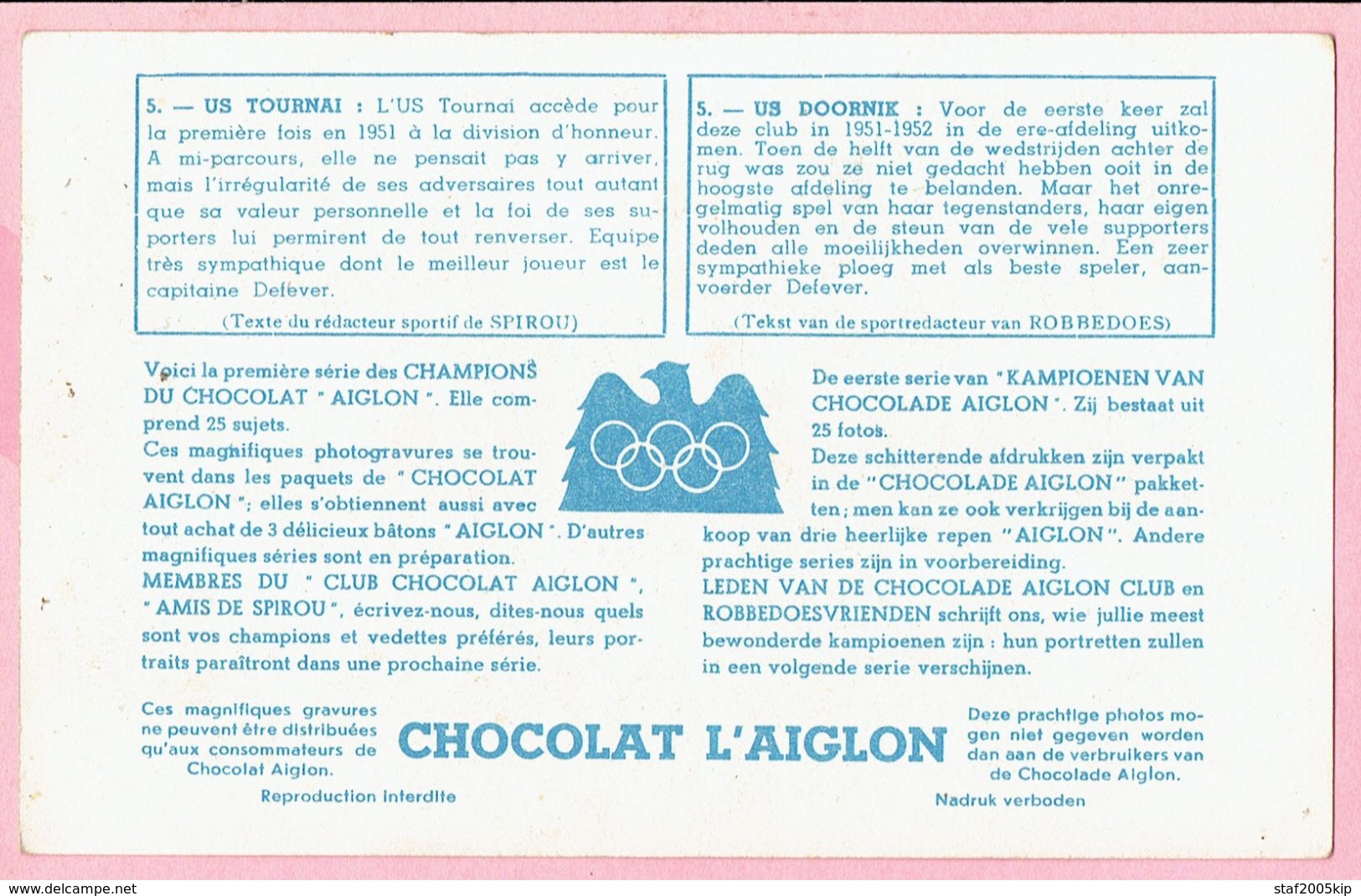 CHOCOLAT L'AIGLON - US TOURNAI - US DOORNIK - Aiglon