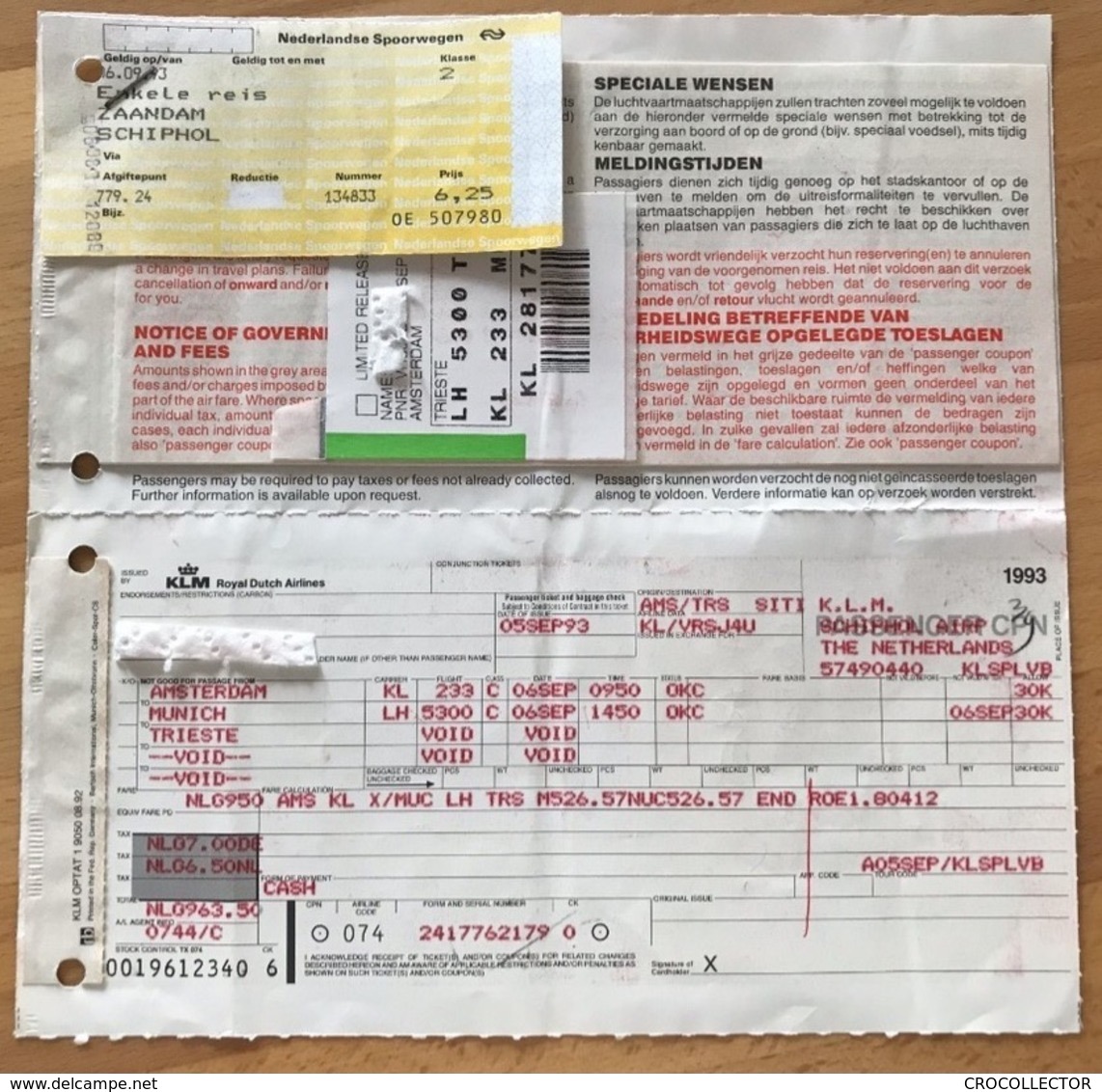 KLM C TICKET 05SEP93 Amsterdam Munich Trieste - Biglietti