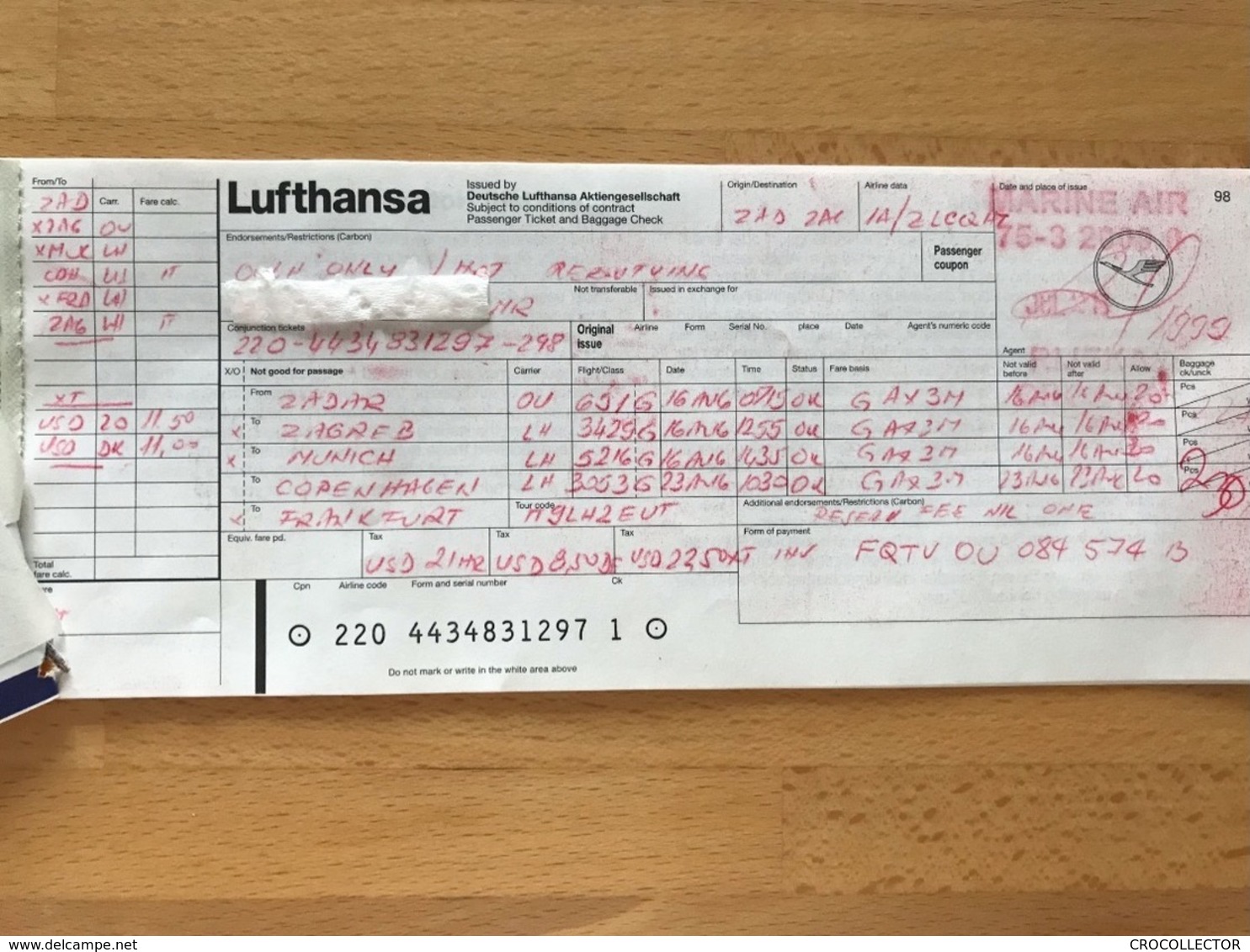 LUFTHANSA TICKET 16AUG99 ZADAR ZAGREB MUNICH COPENHAGEN FRANKFURT ZAGREB - Tickets