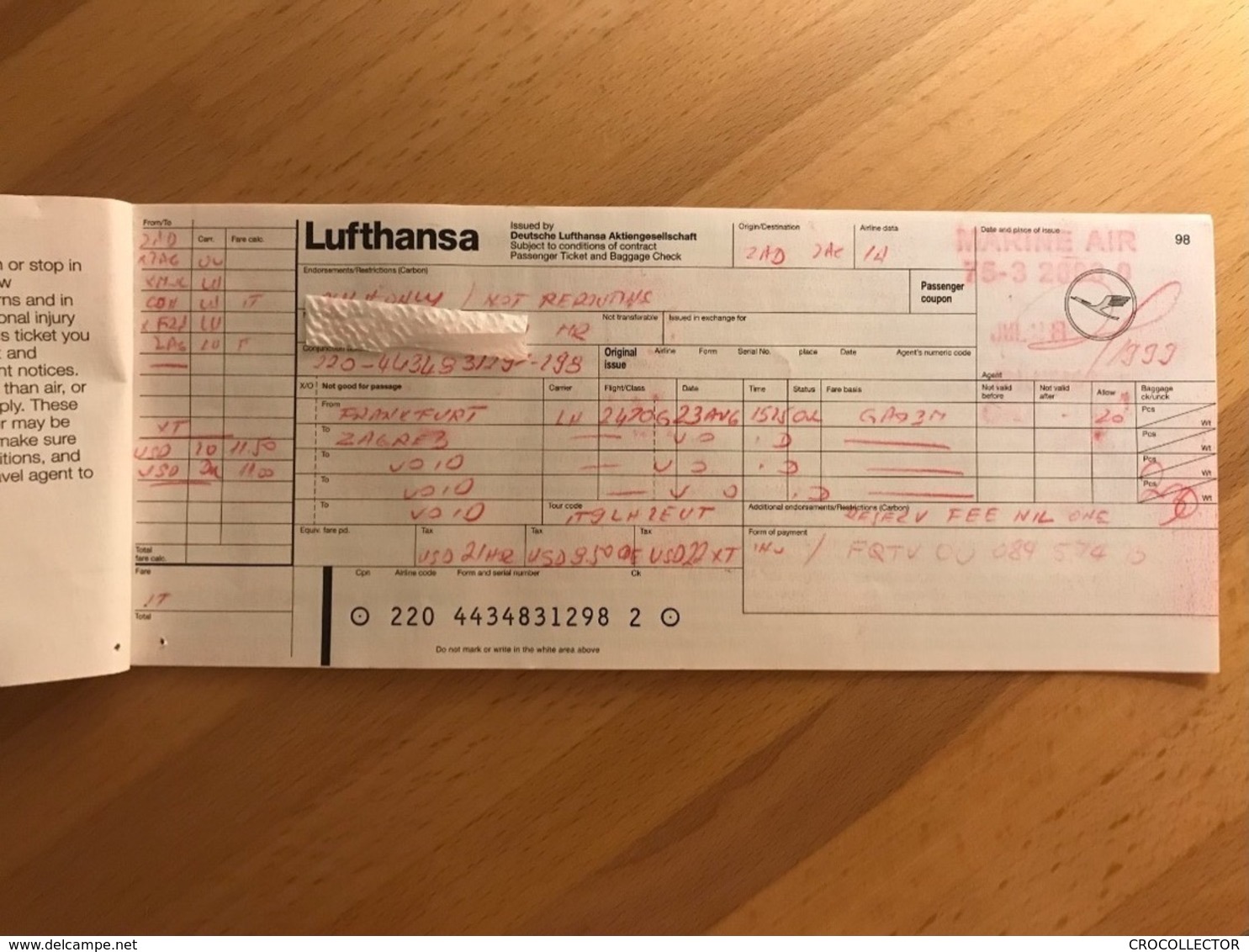 LUFTHANSA TICKET 16AUG99 ZADAR ZAGREB MUNICH COPENHAGEN FRANKFURT ZAGREB - Biglietti