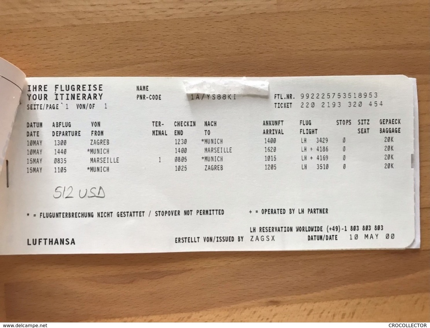 LUFTHANSA TICKET 10MAY00 ZAGREB MUNICH MARSEILLE MUNICH ZAGREB - Biglietti