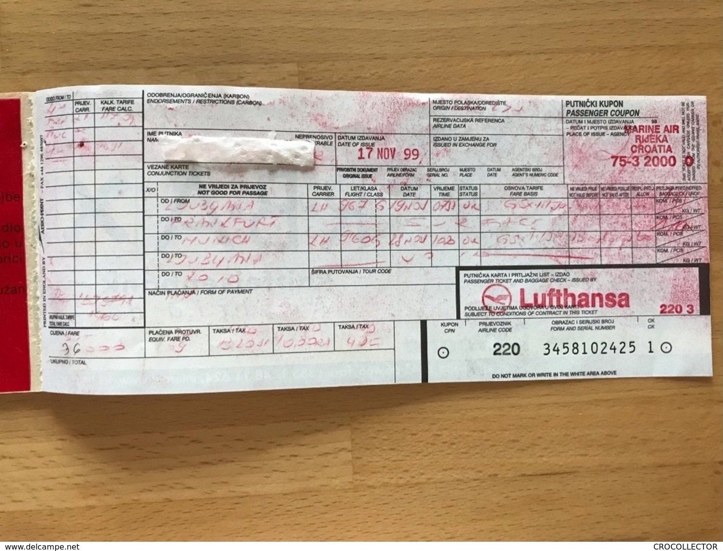 LUFTHANSA TICKET 19NOV99 OPEN JAW LJUBLJANA FRANKFURT MUNICH LJUBLJANA - Biglietti