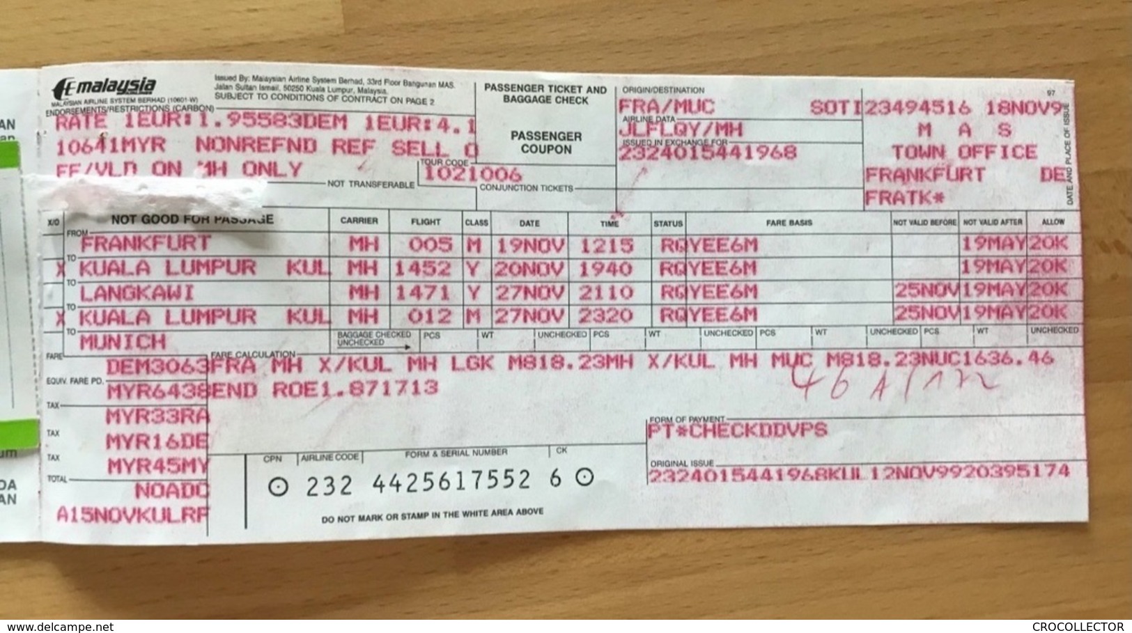 MALAYSIA AIRLINES TICKET 19NOV99 OPEN JAW FRANKFURT KULA LUMPUR LANGKAWI KUALA LUMPUR MUNICH - Biglietti