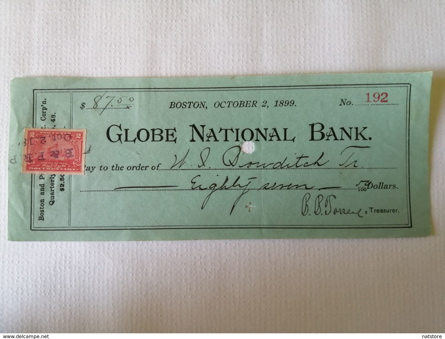 1899..  BOSTON, USA...BANK CHECK FROM THE GLOBE NATIONAL BANK... - Cheques & Traverler's Cheques