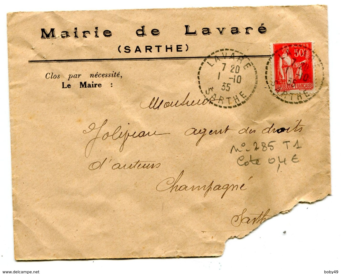 SARTHE De LAVARE Dateur B 4  Sur Env. De 1935 A En Tête De La Mairie - Cachets Manuels