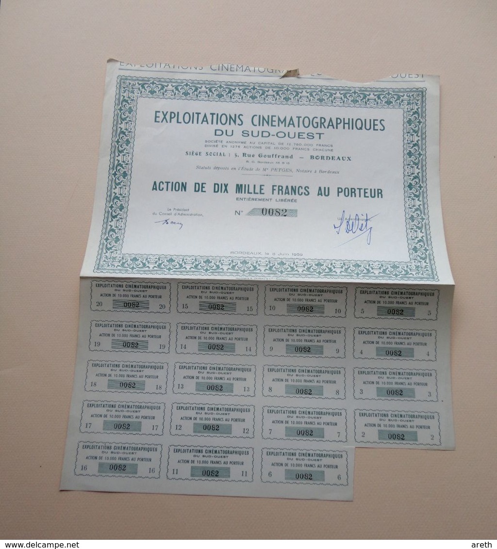 EXPLOITATIONS CINÉMATOGRAPHIQUES DU SUD OUEST  - Action De Dix Mille Francs Au Porteur -  1959 - Cinéma & Théatre