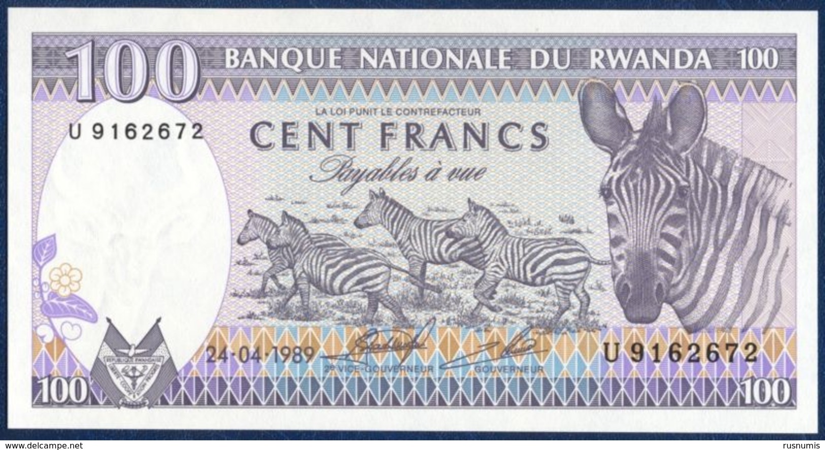 RWANDA 100 FRANCS P-19 Wildlife Zebra - Woman With Baby, Karisimbi And Visoke Volcanoes (Virunga Volcano Range) 1989 UNC - Ruanda