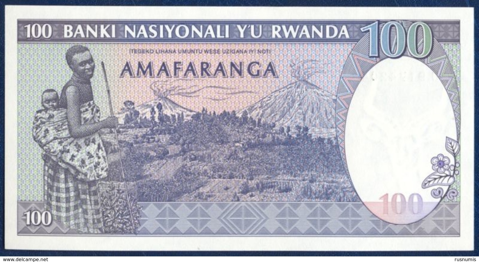 RWANDA 100 FRANCS P-19 Wildlife Zebra - Woman With Baby, Karisimbi And Visoke Volcanoes (Virunga Volcano Range) 1989 UNC - Ruanda