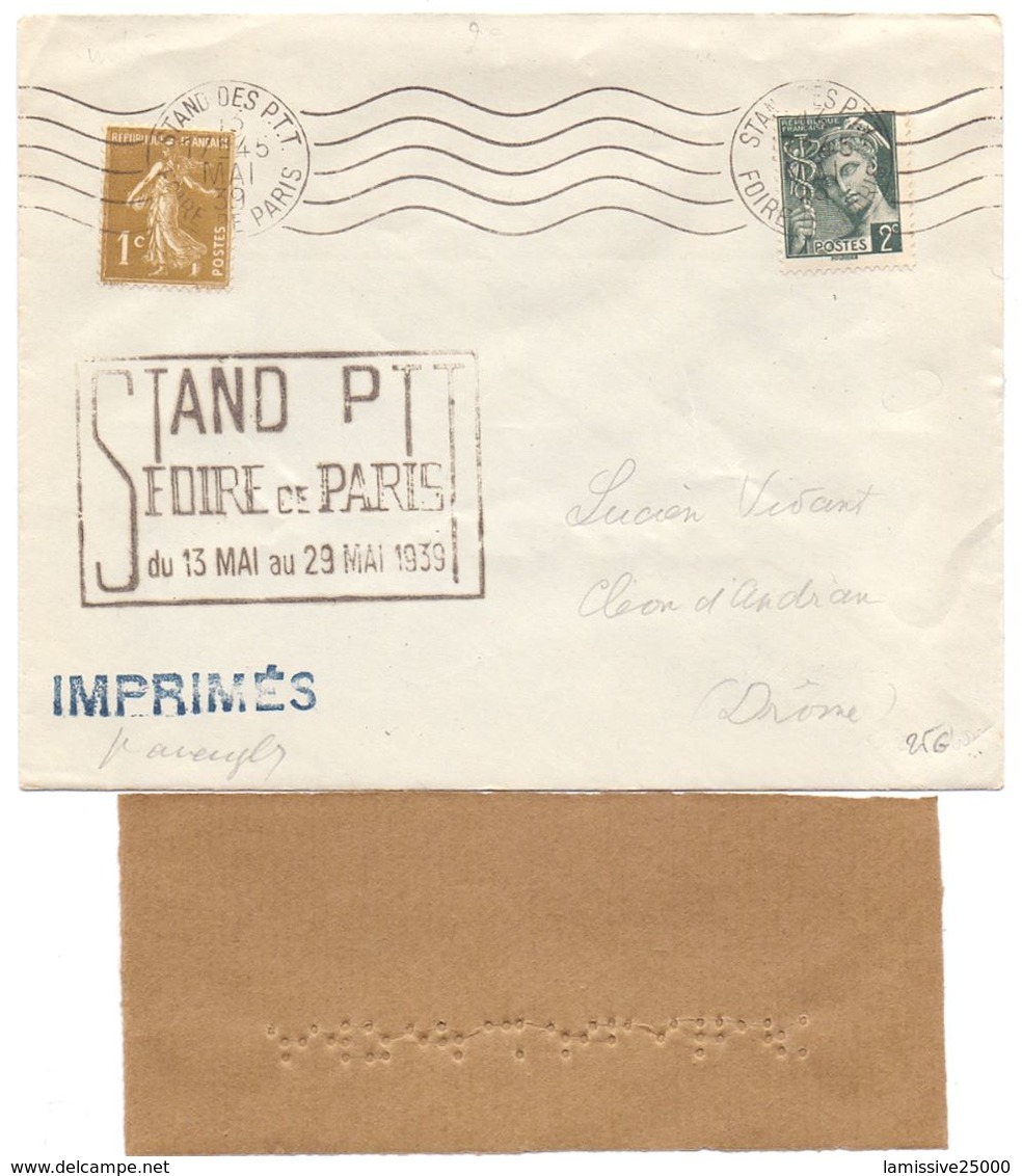 CECOGRAMME TARIF A 3 C IMPRIME POUR LES AVEUGLES STAND DES PTT FOIRE DE PARIS 1939 SEMEUSE MERCURE - Tariffe Postali