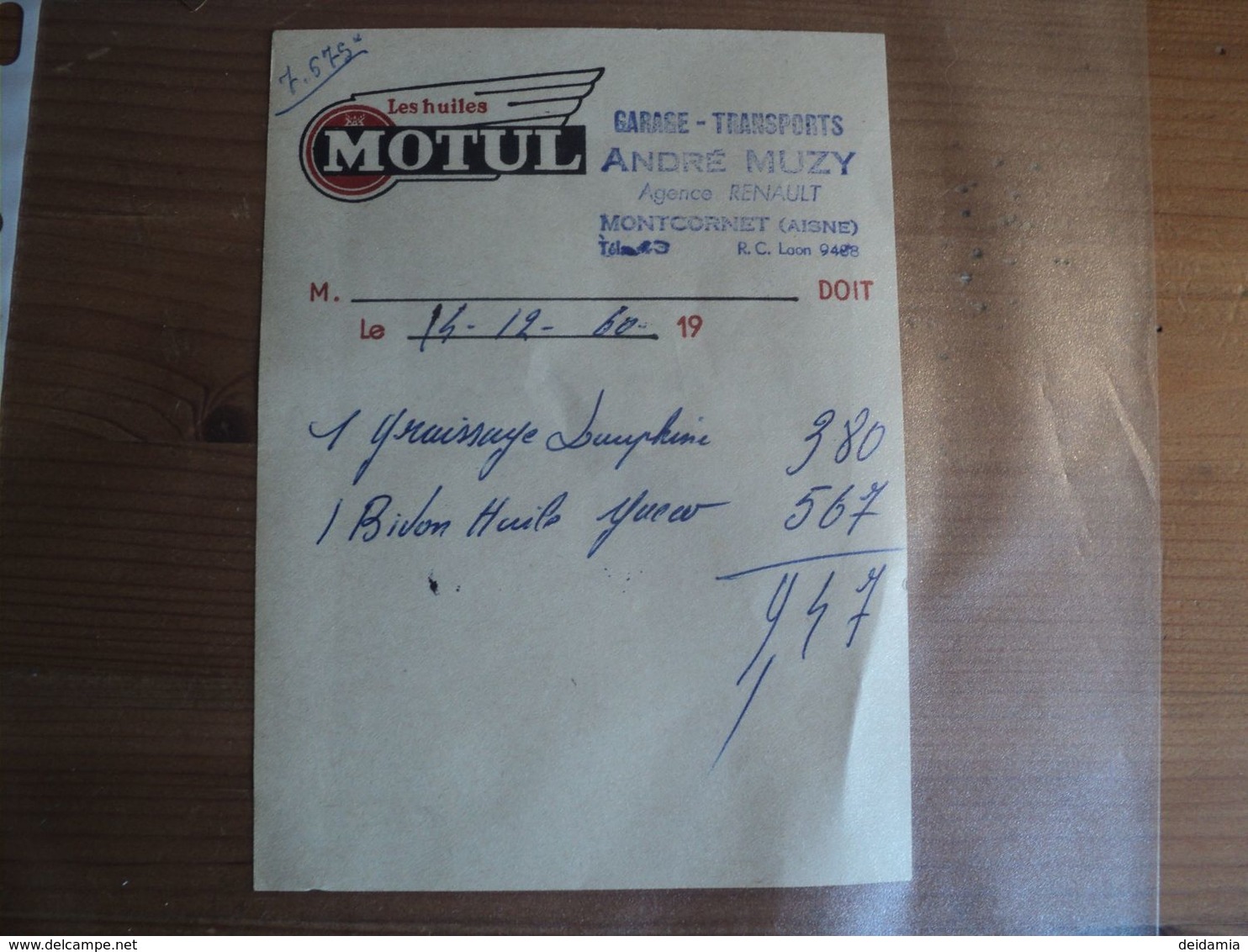 GARAGE TRANSPORTS ANDRE MUZY A MONTCORNET. AISNE. 1960. FACTURE AGENCE RENAULT / LES HUILES MOTUL - Automobilismo