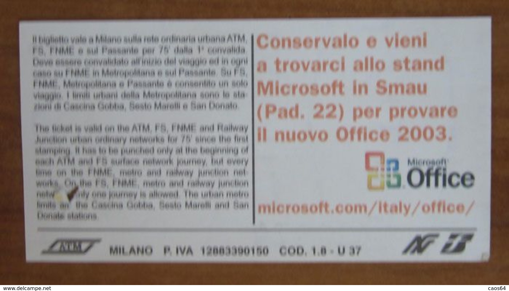 ITALIA Ticket  Bus Metro ATM Milano Biglietto Pubblicità Microsoft Con Filigrana - Europa