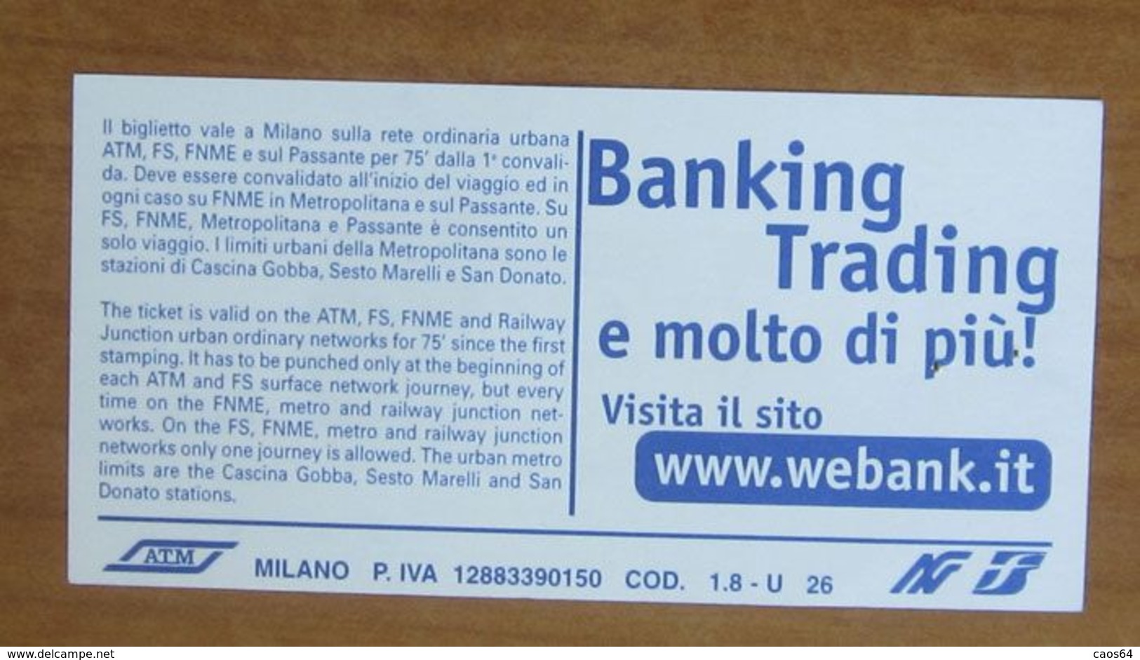 ITALIA Ticket  Bus Metro ATM Milano Banca Webank Biglietto Con Filigrana - Europa