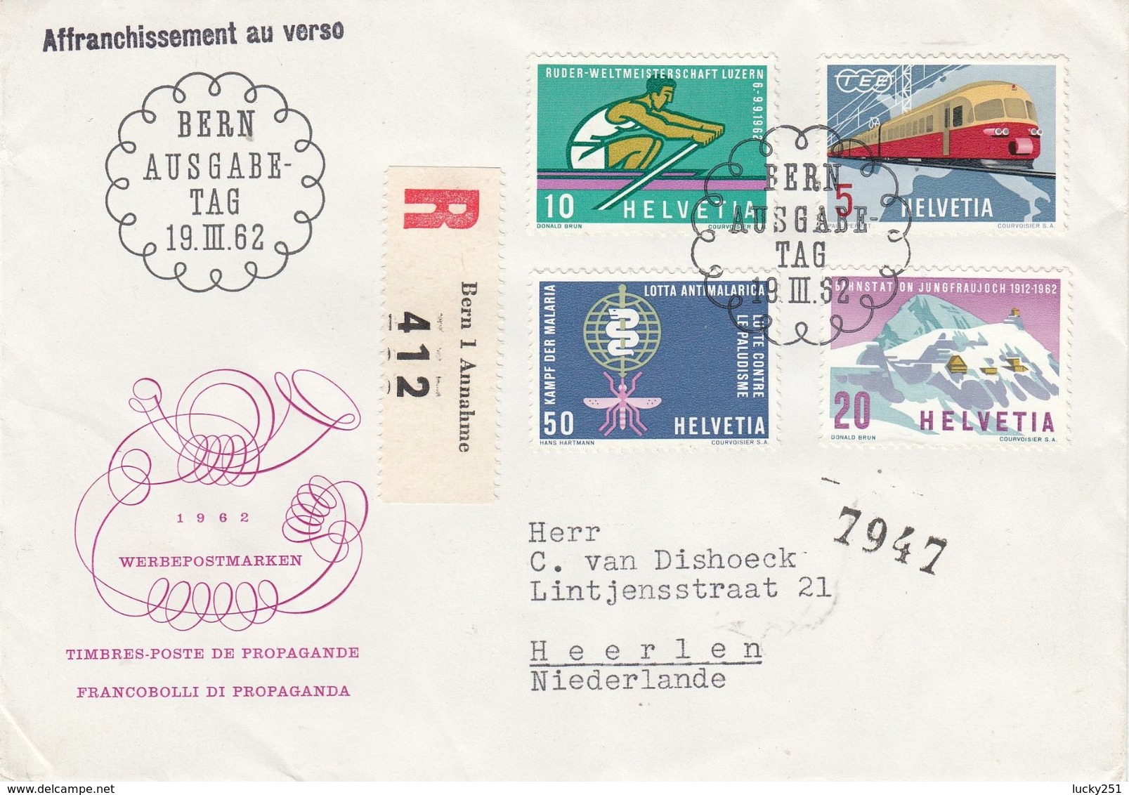 Suisse - 19/03/1962 - FDC - Propagande  - Lettre  Recommandée De Bern Pour Heerlen, Pays-Bas - Storia Postale