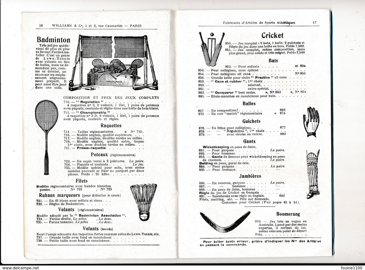 Catalogue 1921 Williams & C° Articles pour sports jeux tennis tir à l'arc golf polo croquet bombardo natation boy scouts