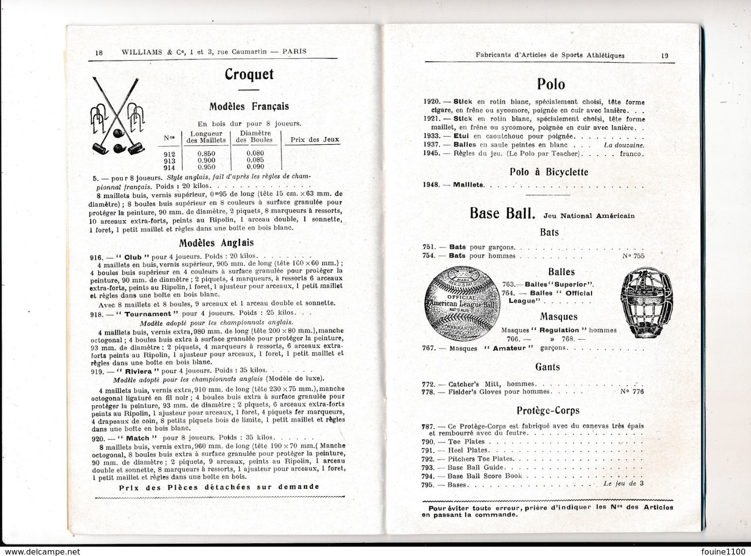 Catalogue 1921 Williams & C° Articles pour sports jeux tennis tir à l'arc golf polo croquet bombardo natation boy scouts